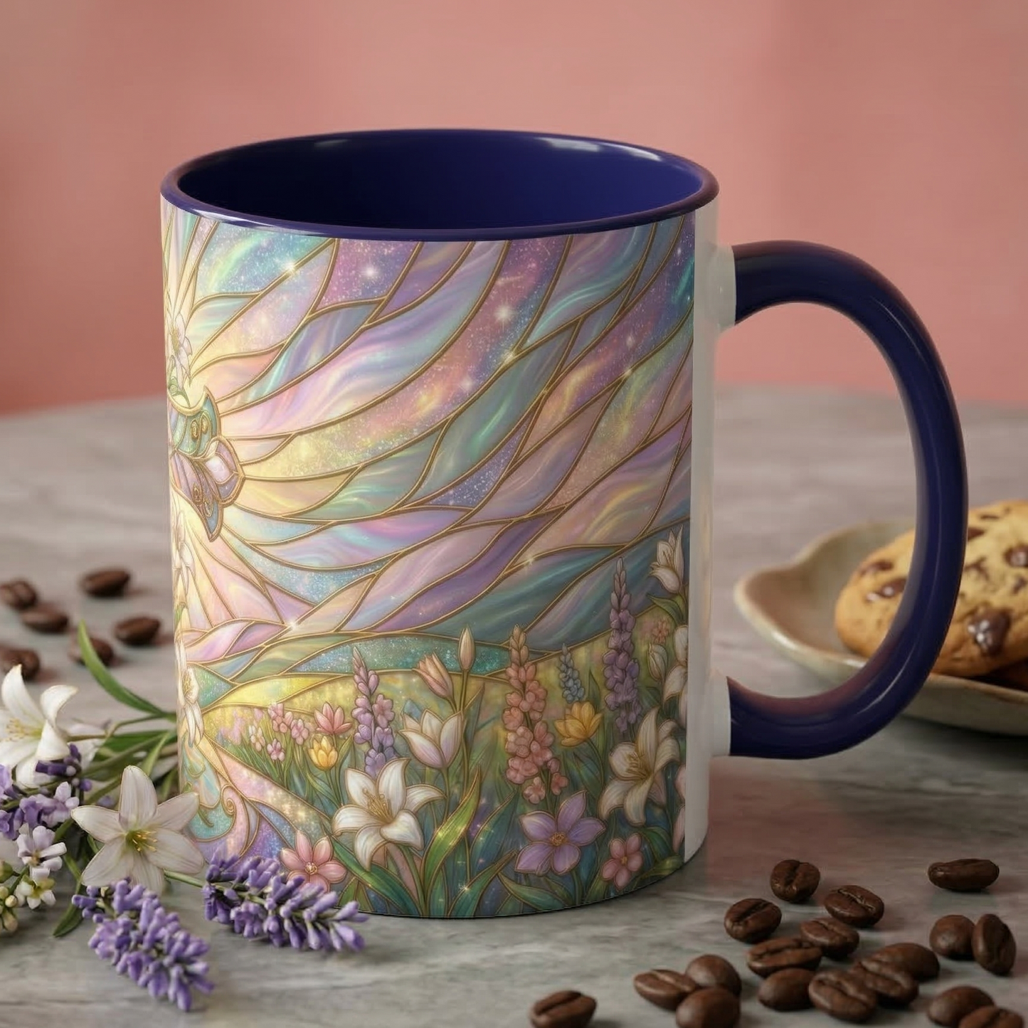 Stained Glass Cross Mug, Easter Lily Coffee Cup, Christian Religious Gift, Pastel Floral Faith Mug, Spring Believer Cup, Baptism Present