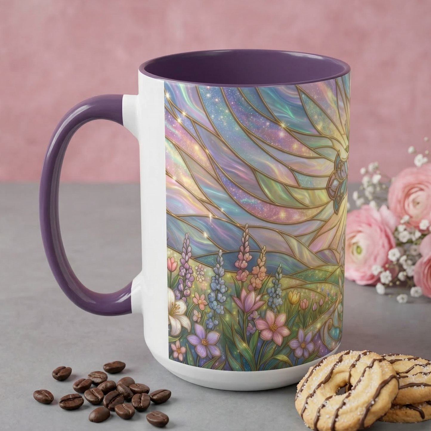 Stained Glass Cross Mug, Easter Lily Coffee Cup, Christian Religious Gift, Pastel Floral Faith Mug, Spring Believer Cup, Baptism Present