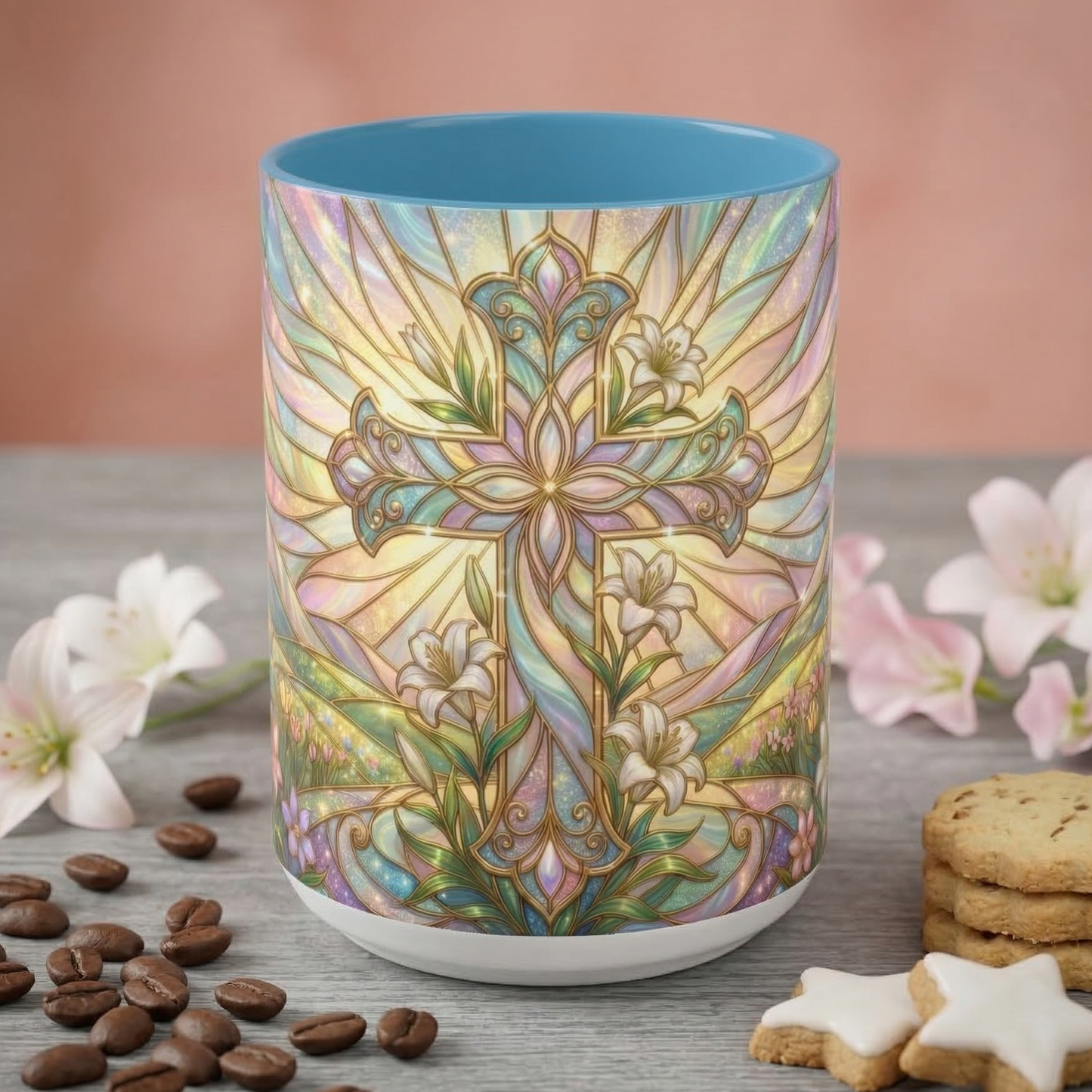 Stained Glass Cross Mug, Easter Lily Coffee Cup, Christian Religious Gift, Pastel Floral Faith Mug, Spring Believer Cup, Baptism Present