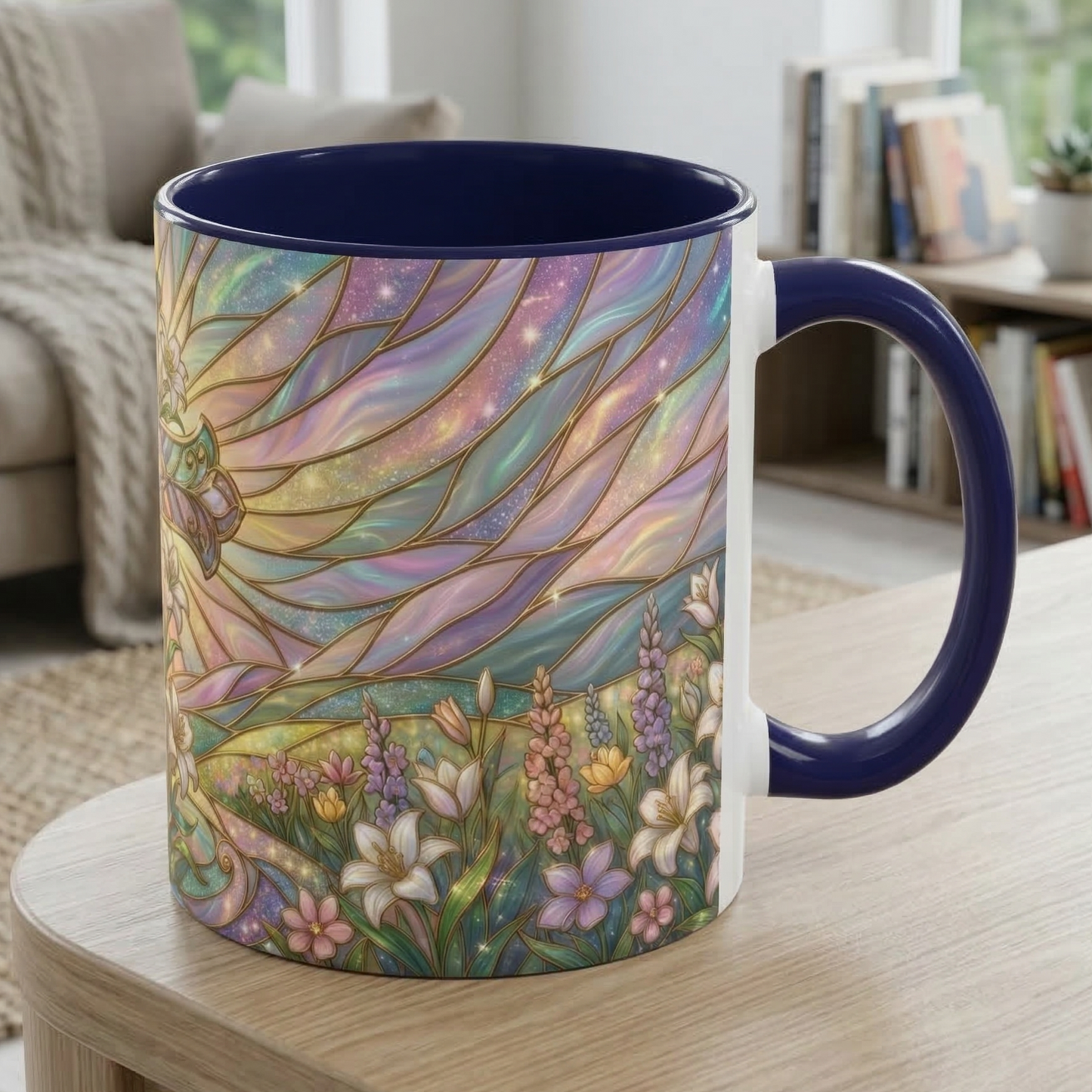 Stained Glass Cross Mug, Easter Lily Coffee Cup, Christian Religious Gift, Pastel Floral Faith Mug, Spring Believer Cup, Baptism Present