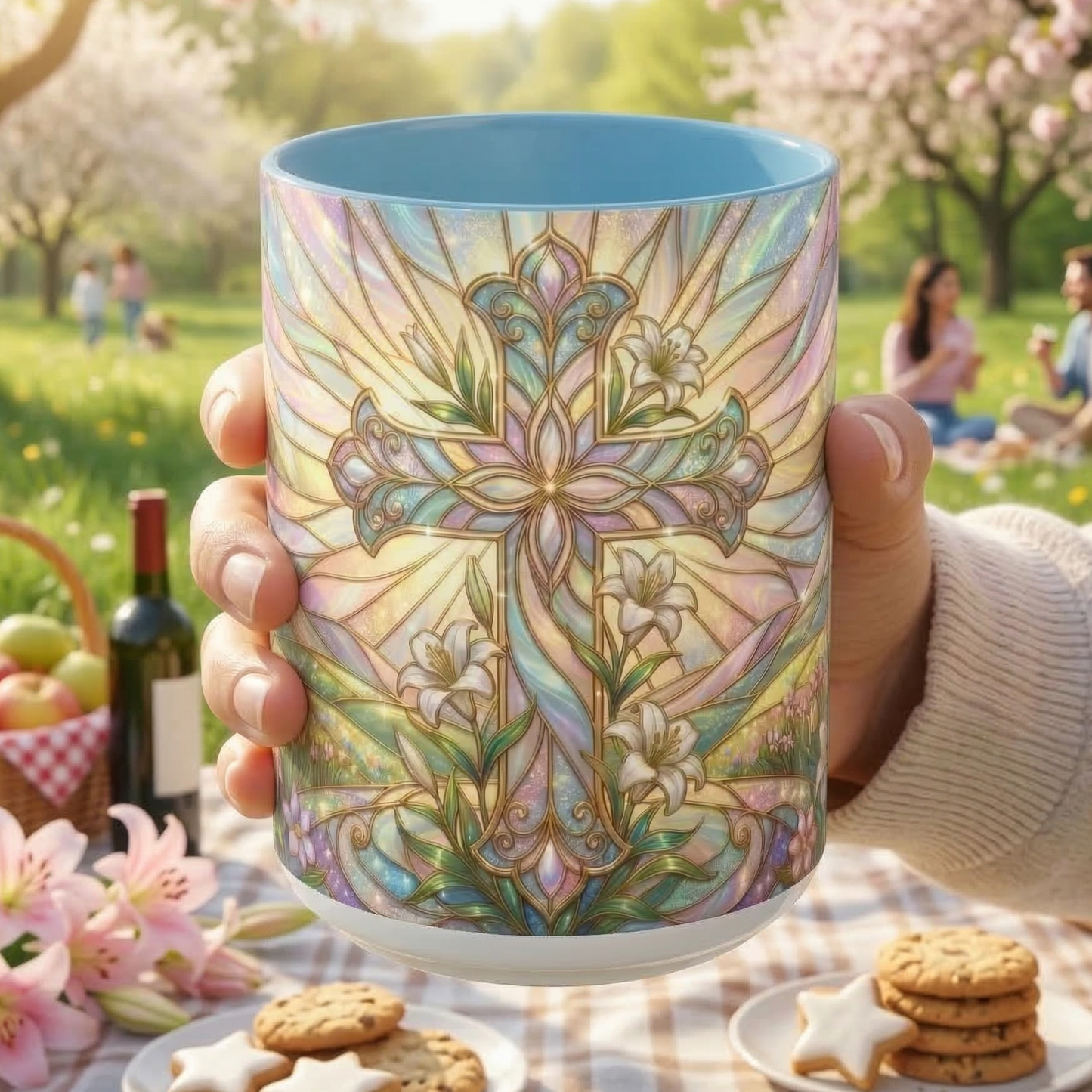 Stained Glass Cross Mug, Easter Lily Coffee Cup, Christian Religious Gift, Pastel Floral Faith Mug, Spring Believer Cup, Baptism Present