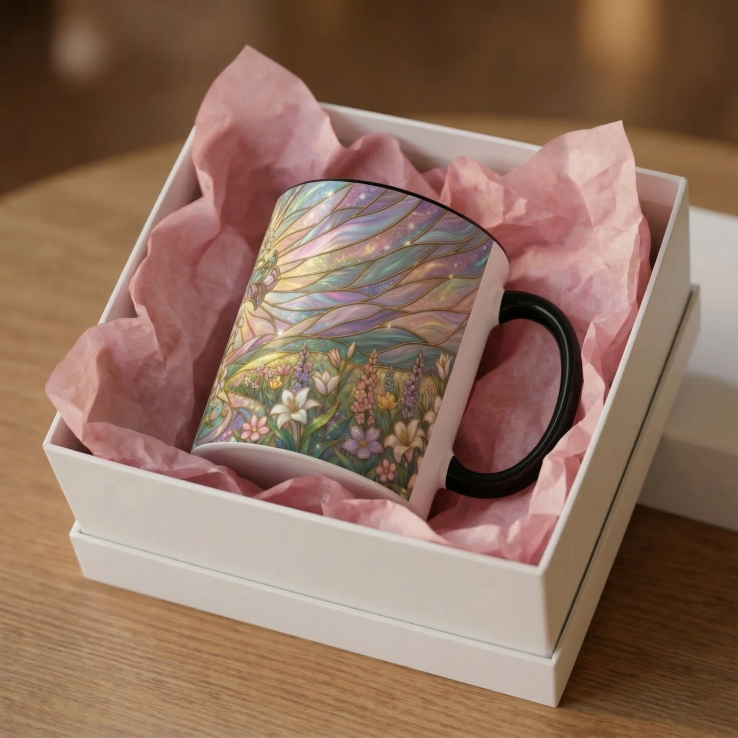Stained Glass Cross Mug, Easter Lily Coffee Cup, Christian Religious Gift, Pastel Floral Faith Mug, Spring Believer Cup, Baptism Present