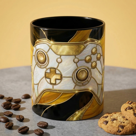 Stained Glass Gamer Mug, Gold Controller Coffee Cup, Video Game Gifts for Him, Gamer Boyfriend Gift, Teen Boy Gaming Mug, Desk Decor