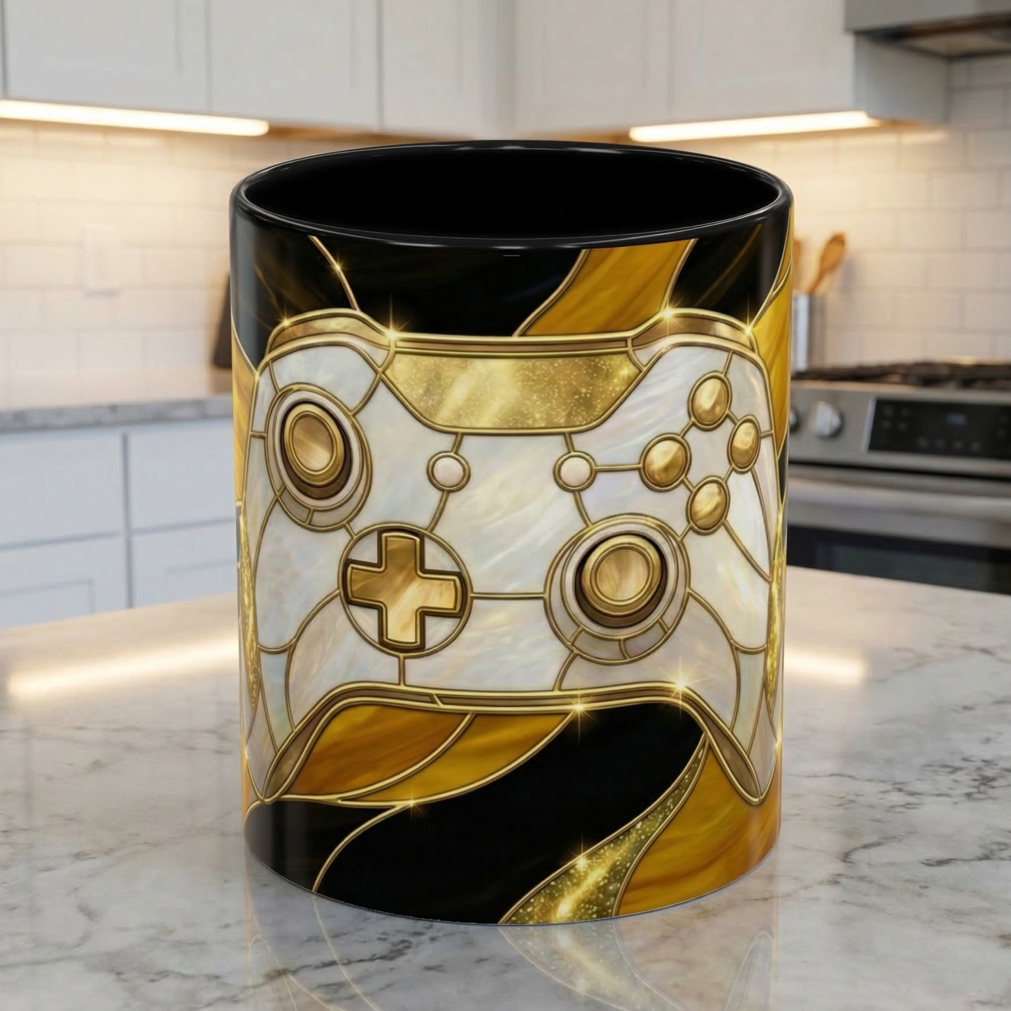 Stained Glass Gamer Mug, Gold Controller Coffee Cup, Video Game Gifts for Him, Gamer Boyfriend Gift, Teen Boy Gaming Mug, Desk Decor