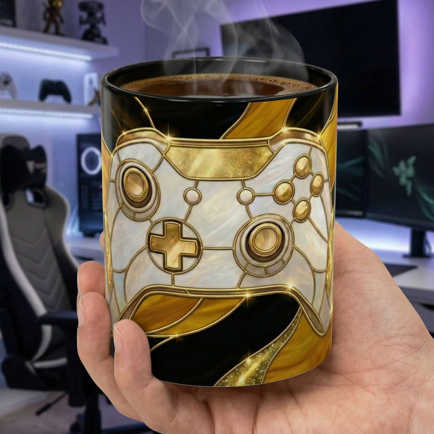 Stained Glass Gamer Mug, Gold Controller Coffee Cup, Video Game Gifts for Him, Gamer Boyfriend Gift, Teen Boy Gaming Mug, Desk Decor