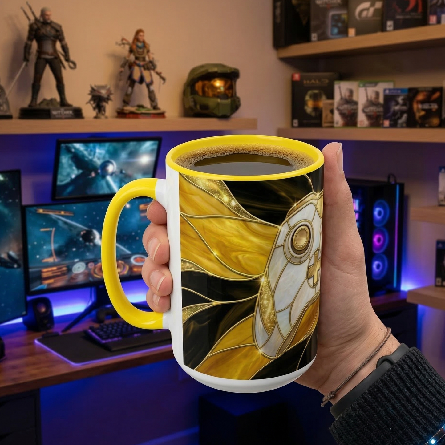 Stained Glass Gamer Mug, Gold Controller Coffee Cup, Video Game Gifts for Him, Gamer Boyfriend Gift, Teen Boy Gaming Mug, Desk Decor