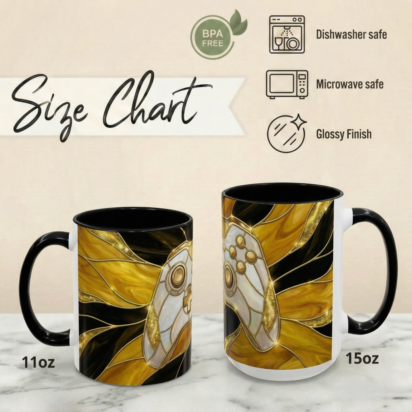 Stained Glass Gamer Mug, Gold Controller Coffee Cup, Video Game Gifts for Him, Gamer Boyfriend Gift, Teen Boy Gaming Mug, Desk Decor