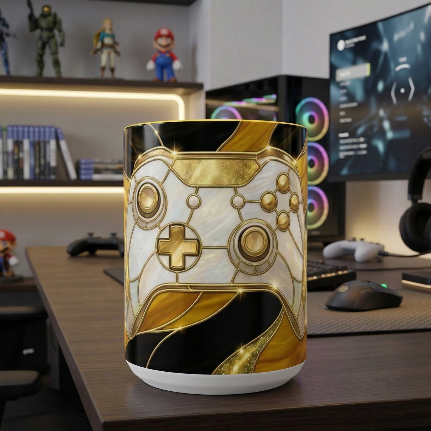 Stained Glass Gamer Mug, Gold Controller Coffee Cup, Video Game Gifts for Him, Gamer Boyfriend Gift, Teen Boy Gaming Mug, Desk Decor