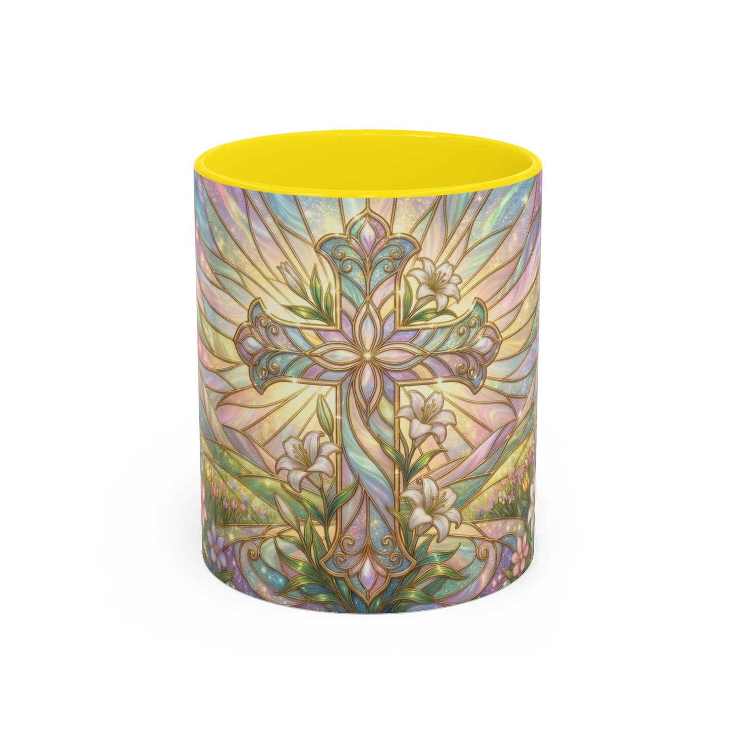 Stained Glass Cross Mug, Easter Lily Coffee Cup, Christian Religious Gift, Pastel Floral Faith Mug, Spring Believer Cup, Baptism Present