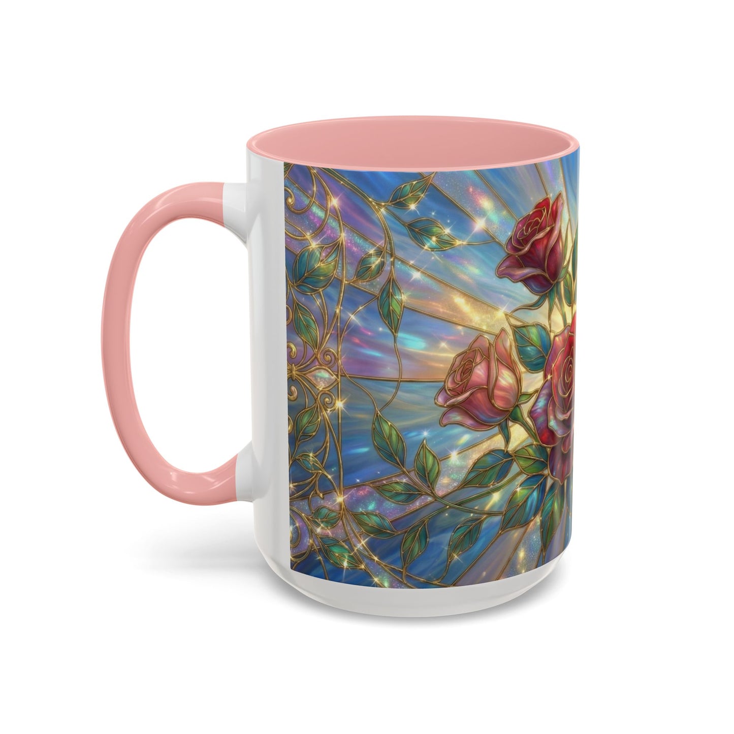 Stained Glass Rose Mug, Floral Art Coffee Cup, Elegant Rose Flower Mug, Blue Gold Glass Style Design, Romantic Gift For Her Decor