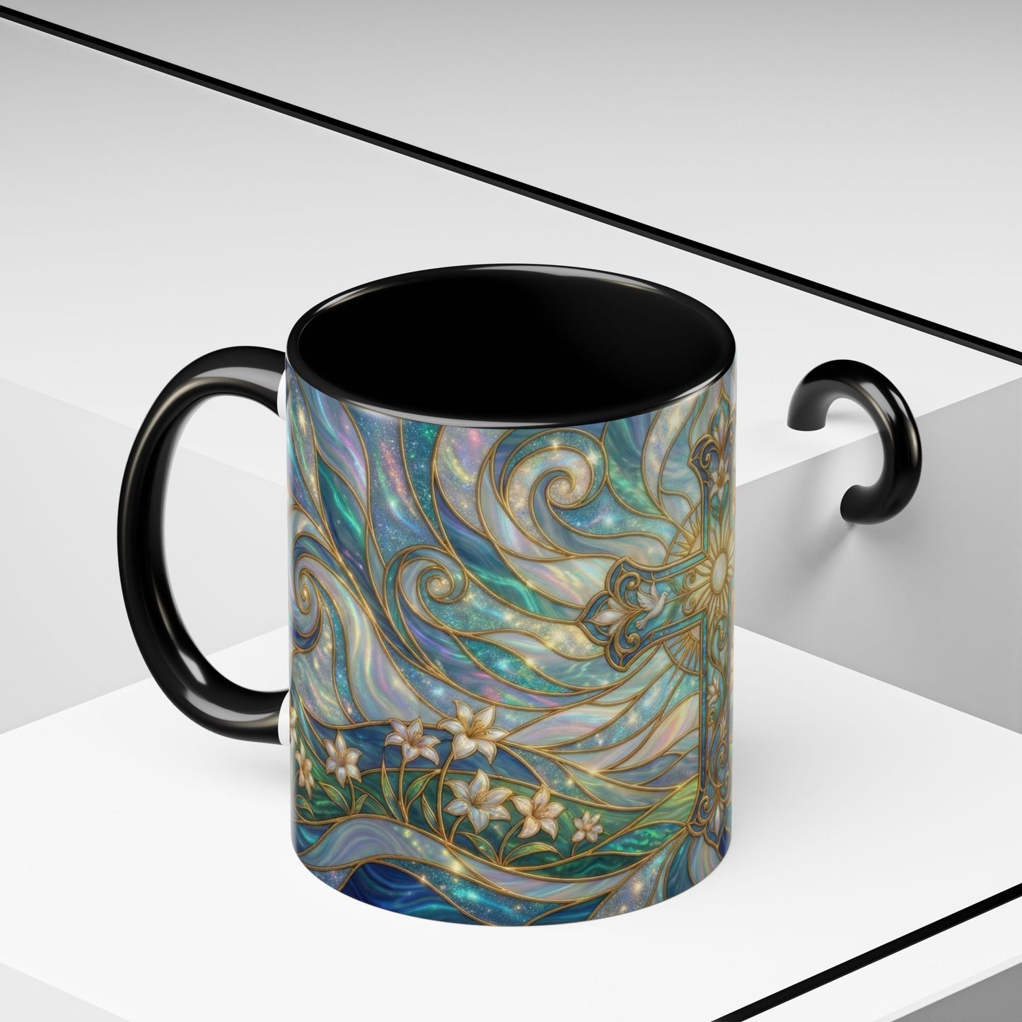 Stained Glass Cross Mug, Christian Coffee Cup, Religious Easter Gift, Celestial Faith Mug, Spiritual Sunrise Cup, Dove Lily Print Mug