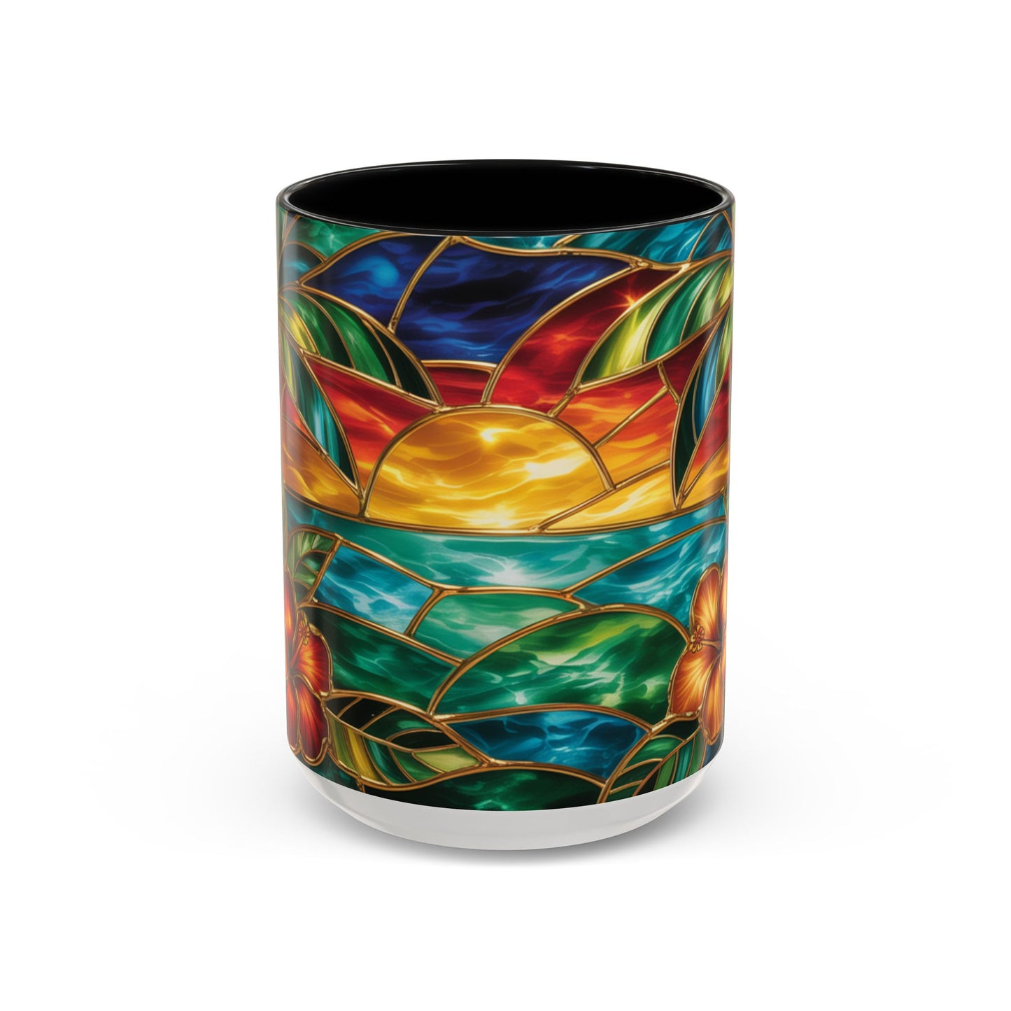 Stained Glass Tropical Sunset Mug, Hibiscus Flower Coffee Cup, Beach Lover Gift, Colorful Palm Tree Mug, Coastal Art Drinkware, Summer Cup