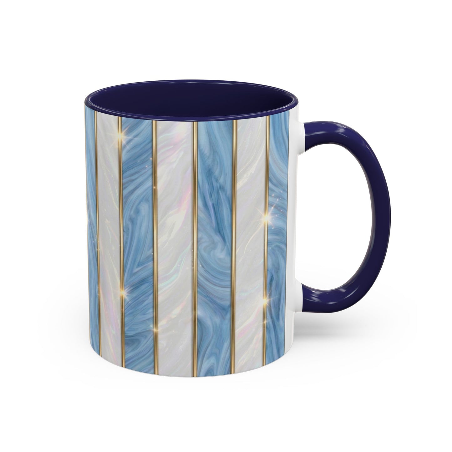 Faux Stained Glass Mug, Blue Pearlescent Coffee Cup, Art Deco Stained Glass Decor, Elegant Gold Stripe Teacup, Unique Art Gift For Her