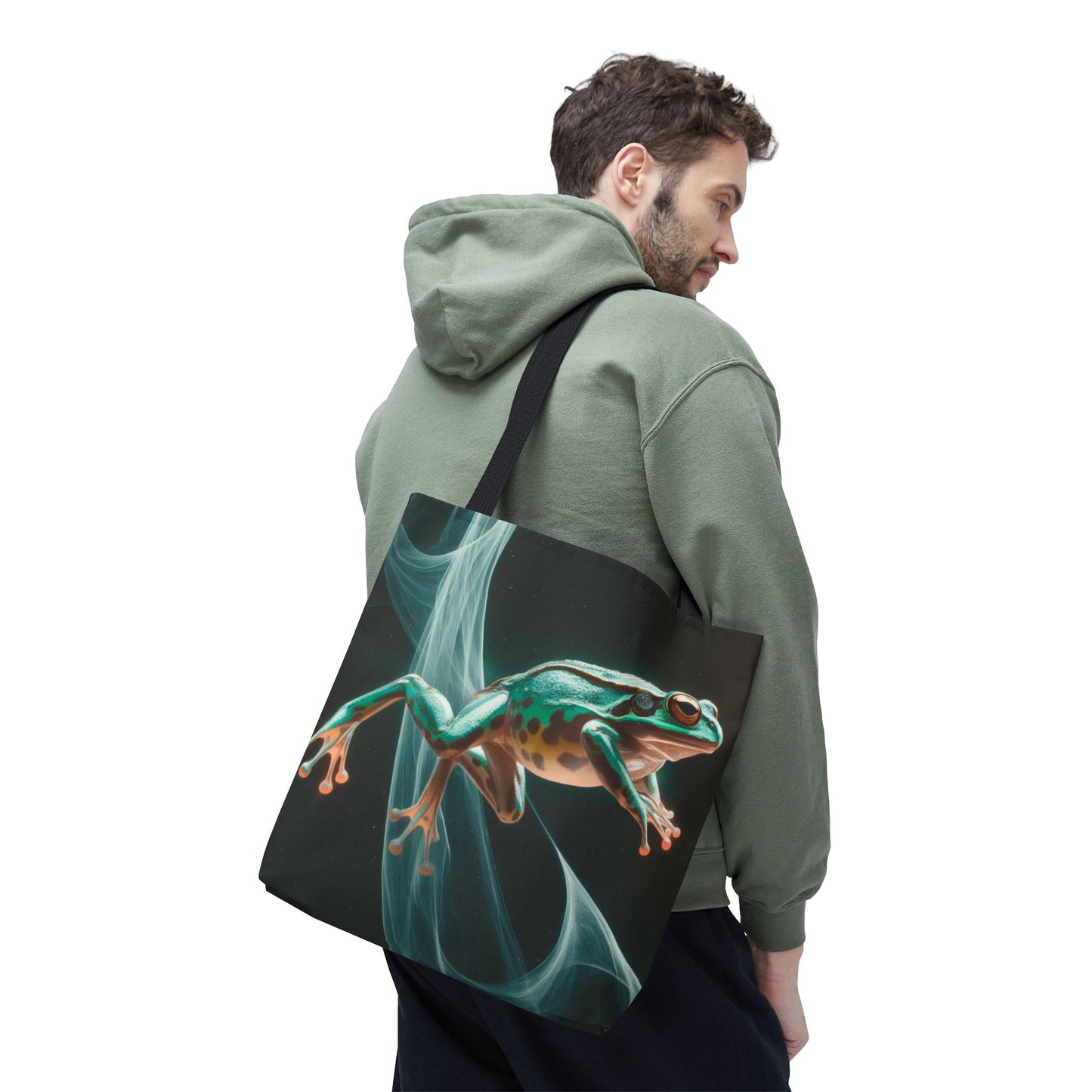 Frog in Motion Tote Bag, Nature-Inspired Green Frog Design Eco-Friendly Shoulder Bag, Artistic Reusable Tote For Everyday Use And Gifts