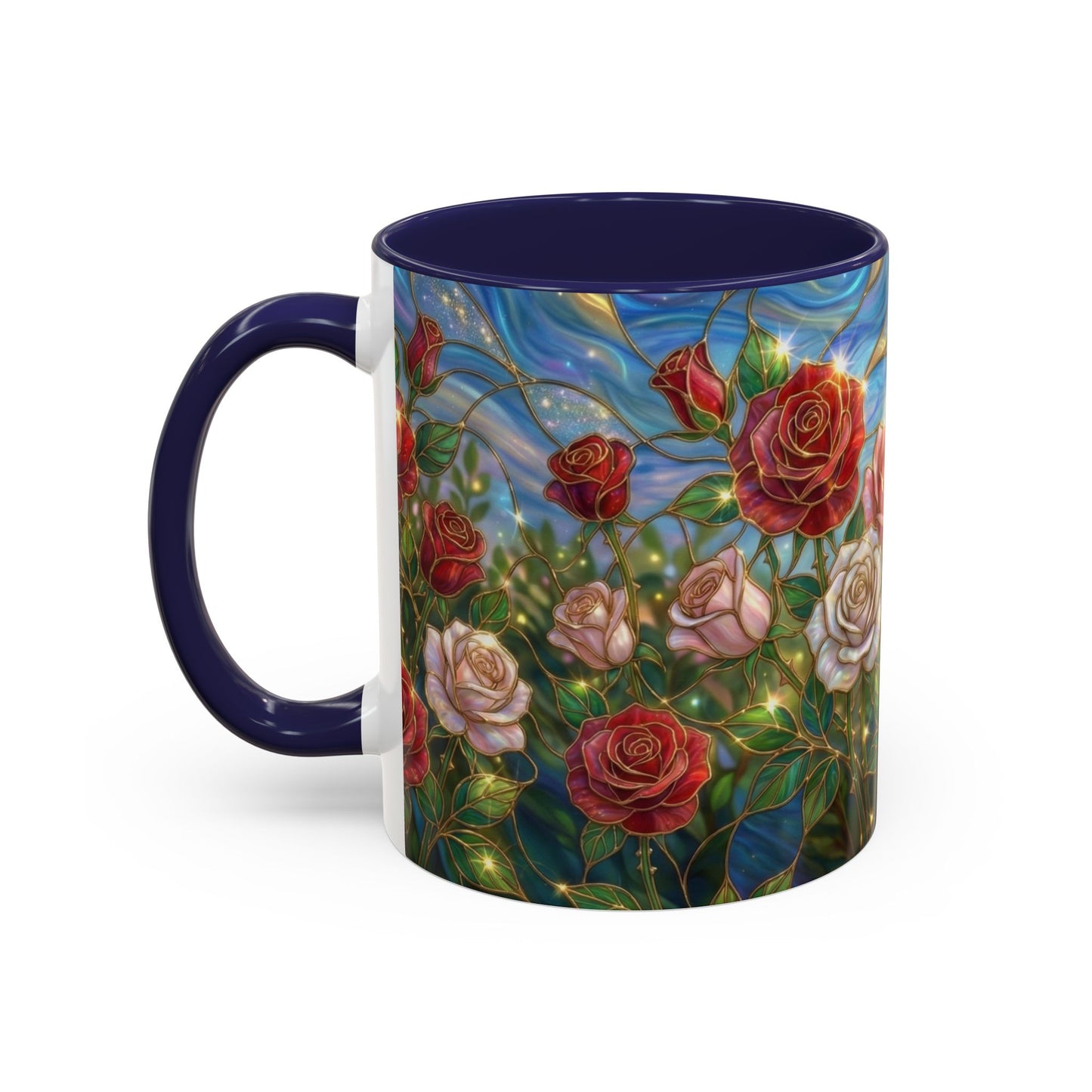 Stained Glass Rose Garden Mug, Floral Rose Coffee Cup, Elegant Flower Mug, Blue Green Gold Glass Style Design, Romantic Gift For Her