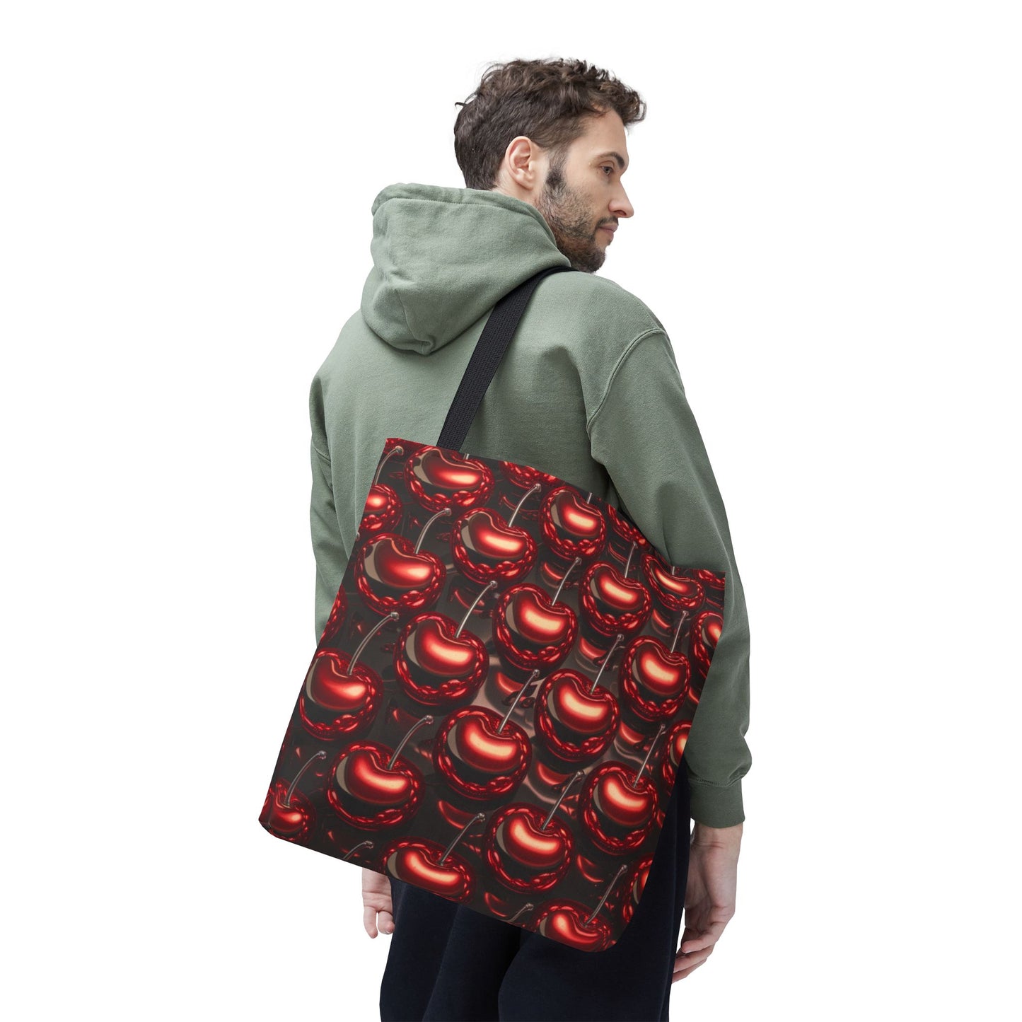 Glossy Cherry Pattern Canvas Tote Bag – Retro Black & Red Cherry Print, Coquette Cottagecore Aesthetic Shopper Tote, Fruit Lover Gift