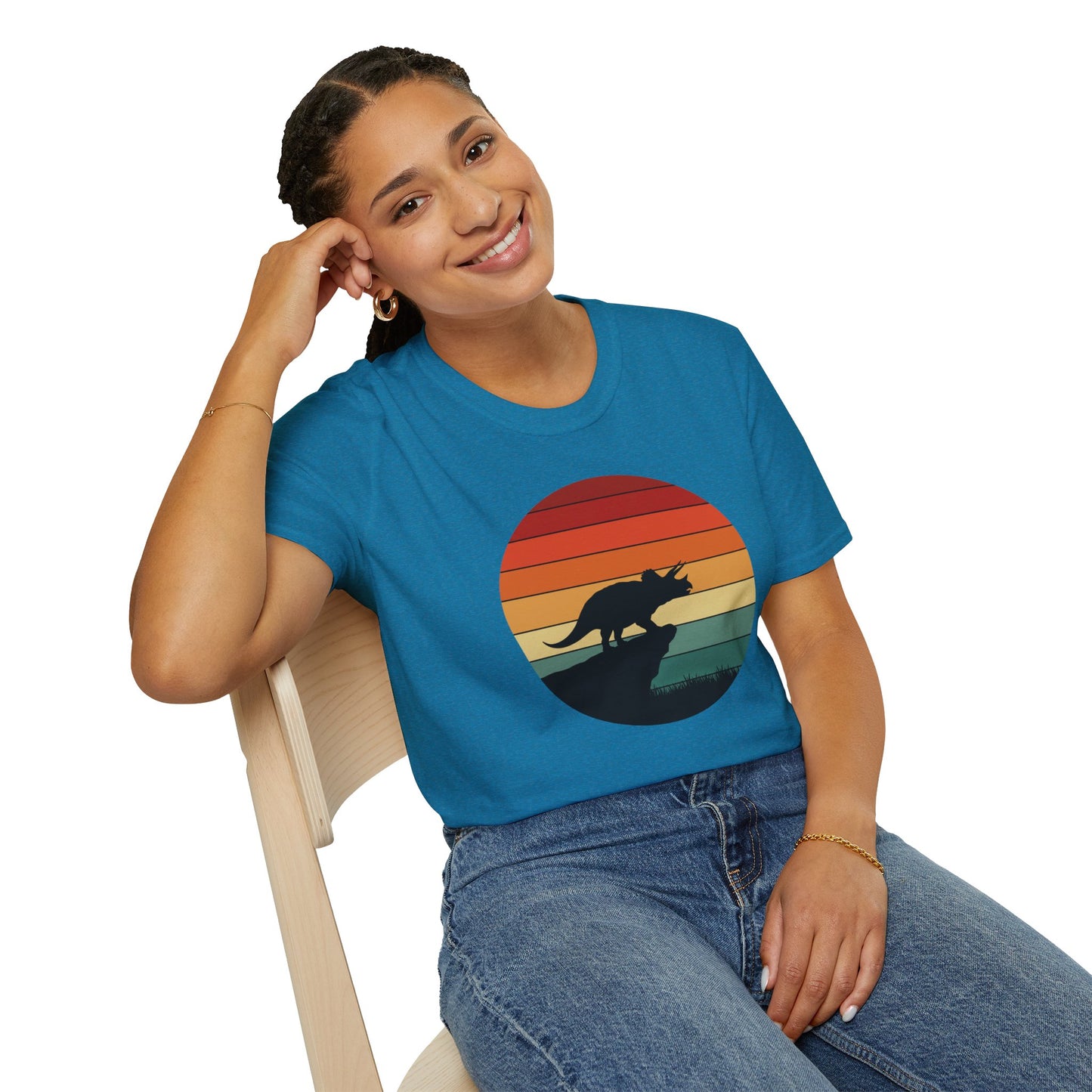 Retro Triceratops Sunset T-Shirt - Vintage Dino Graphic Tee - Unisex Softstyle Dinosaur Shirt - Nature and Prehistoric Lover Gift