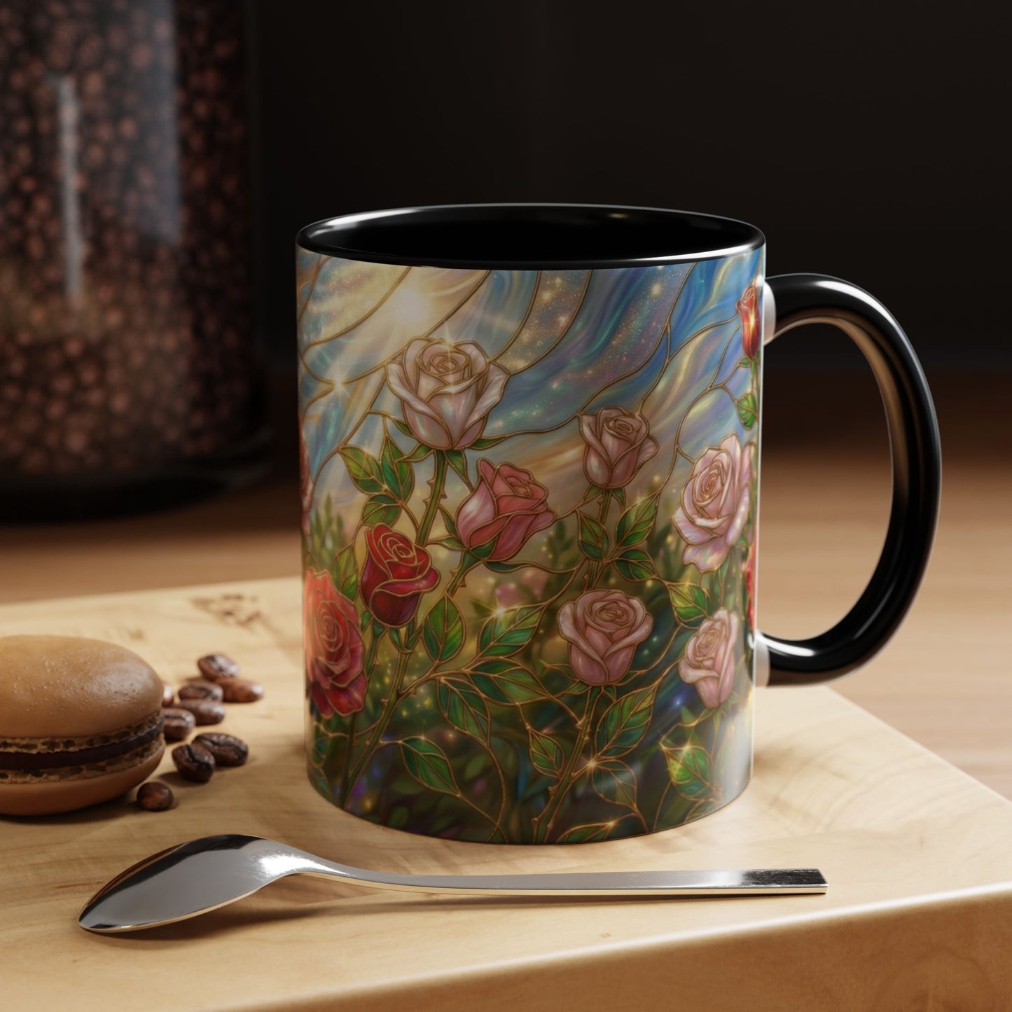 Stained Glass Rose Garden Mug, Floral Rose Coffee Cup, Elegant Flower Mug, Blue Green Gold Glass Style Design, Romantic Gift For Her