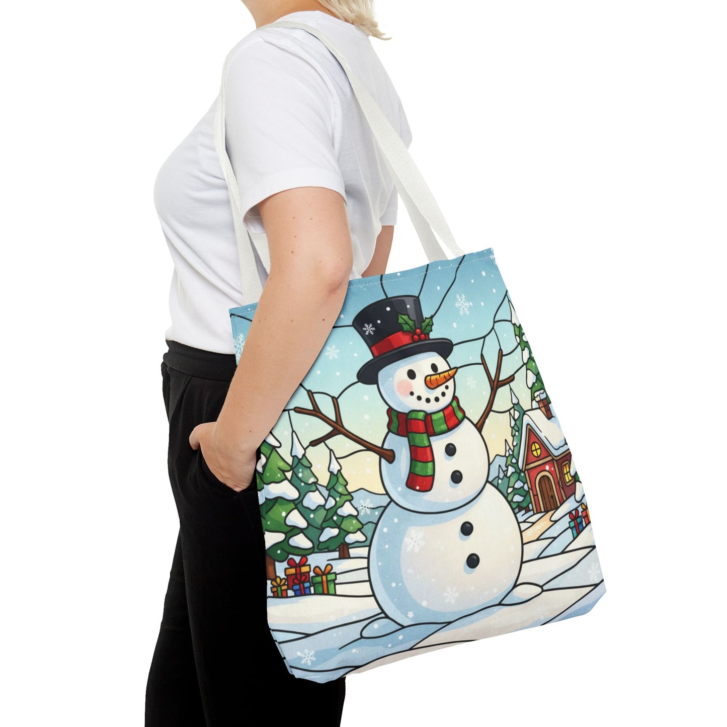 Stained Glass Snowman Christmas Tote Bag, Holiday Art Tote, Festive Winter Gift Bag, Colorful Christmas Scene Reusable Shopping Bag