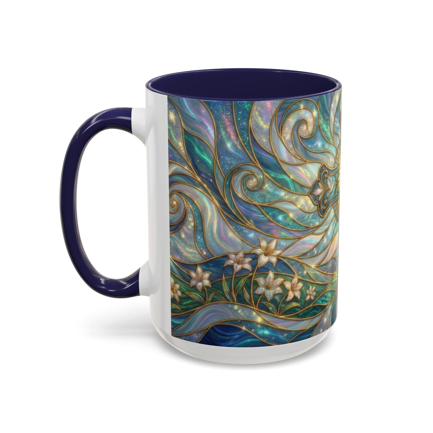 Stained Glass Cross Mug, Christian Coffee Cup, Religious Easter Gift, Celestial Faith Mug, Spiritual Sunrise Cup, Dove Lily Print Mug