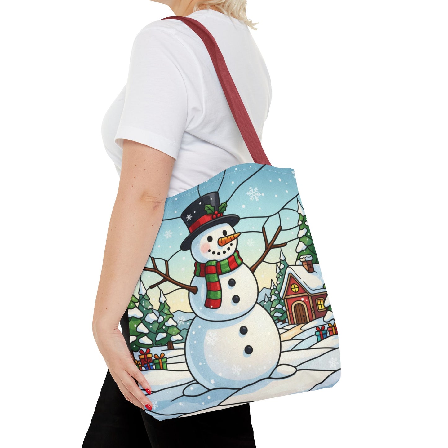 Stained Glass Snowman Christmas Tote Bag, Holiday Art Tote, Festive Winter Gift Bag, Colorful Christmas Scene Reusable Shopping Bag