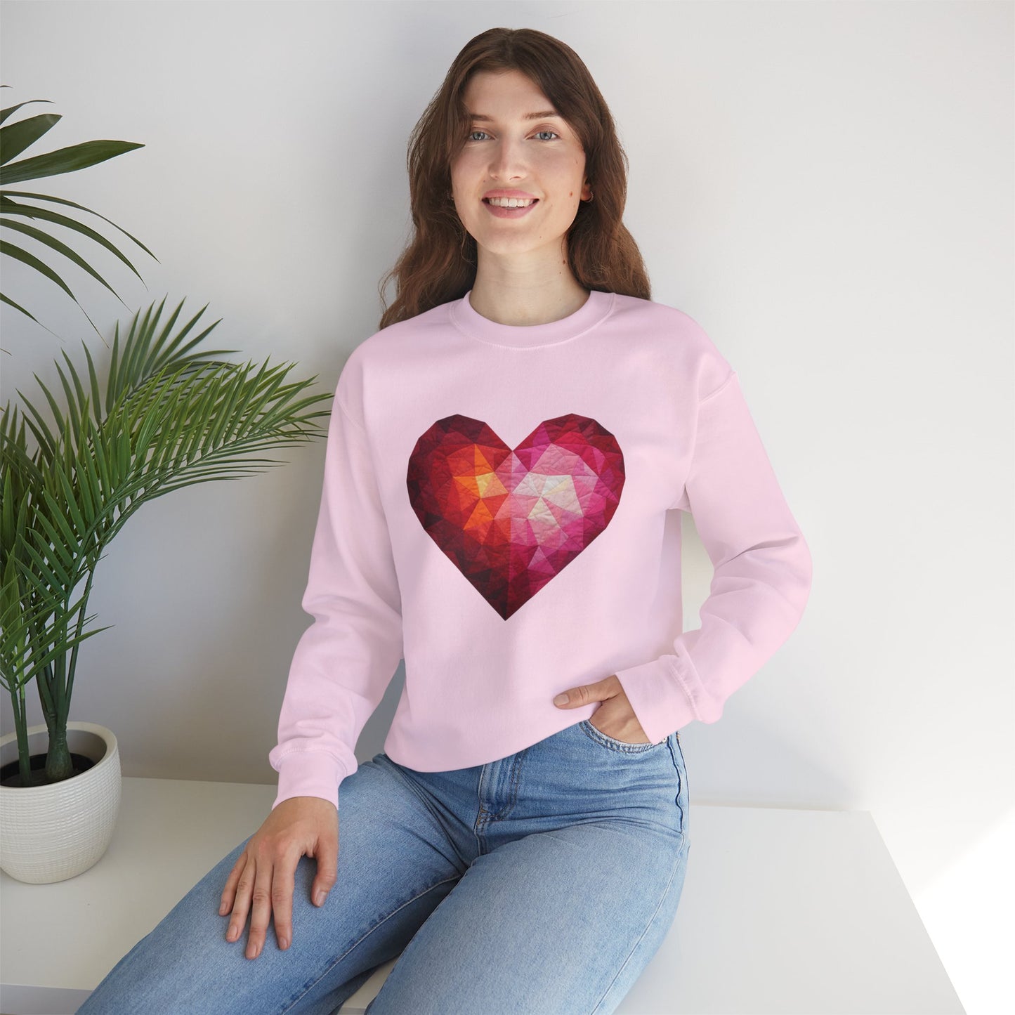 Faux Patchwork Heart Sweatshirt, Geometric Heart Sweater, Cute Valentines Sweatshirt, Cozy Pink Heart Crewneck, Winter Heart Pullover