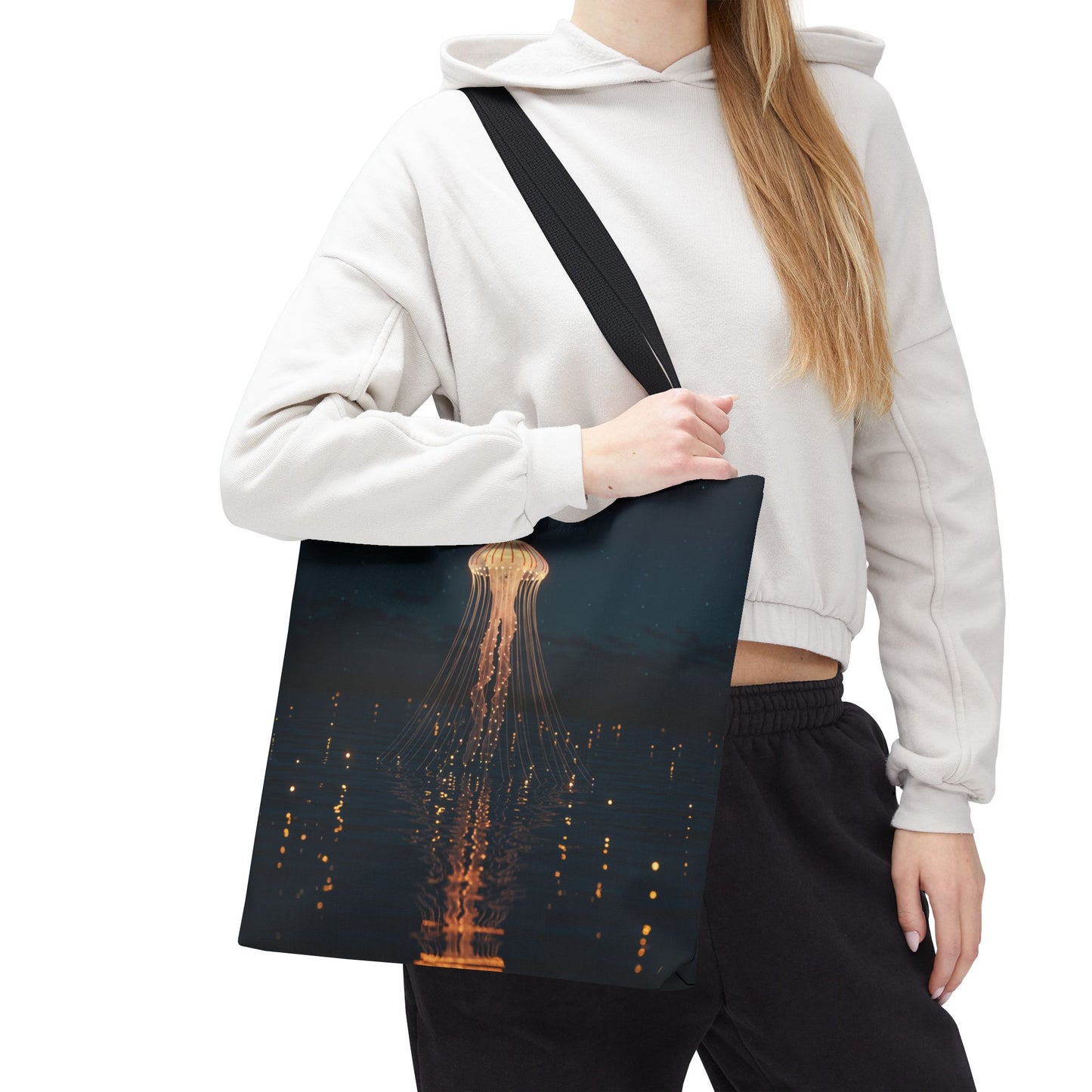 Luminous Jellyfish Tote Bag, Glow-Inspired Ocean Design Shoulder Bag, Durable Polyester Tote For Everyday Style, Gifts, And Coastal Fashion