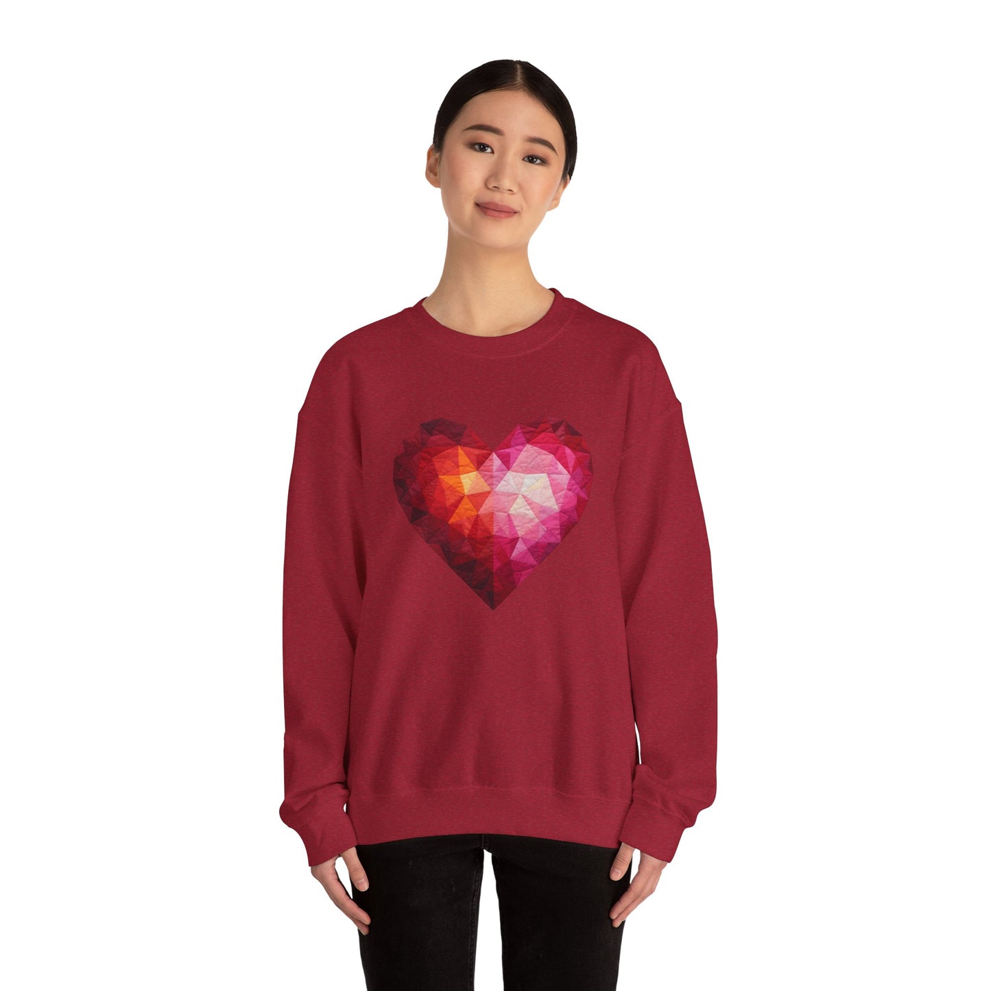 Faux Patchwork Heart Sweatshirt, Geometric Heart Sweater, Cute Valentines Sweatshirt, Cozy Pink Heart Crewneck, Winter Heart Pullover