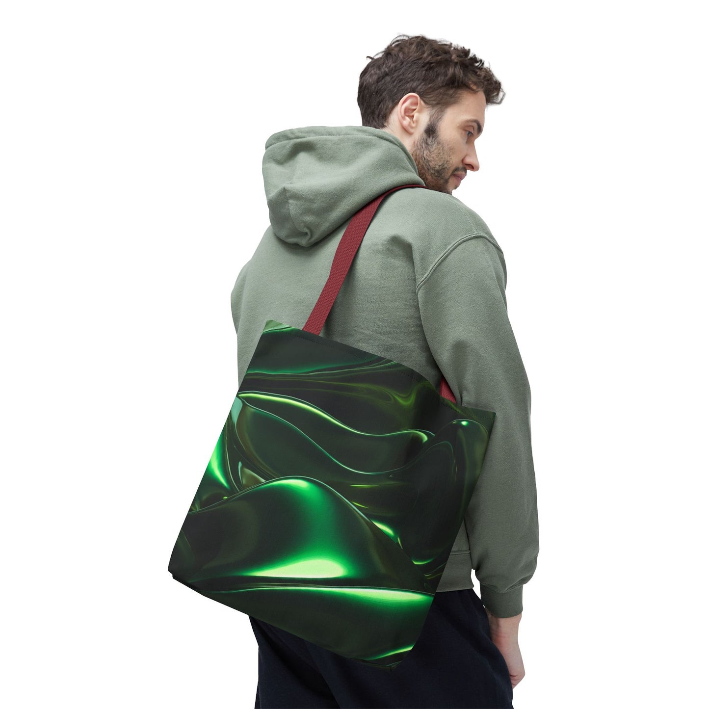 Futuristic Green Tote Bag - Abstract Metallic Wave Art Tote - Glossy Cyber Aesthetic Bag, Techwear Vibes, Edgy Gamer Gift, Trendy Street Style