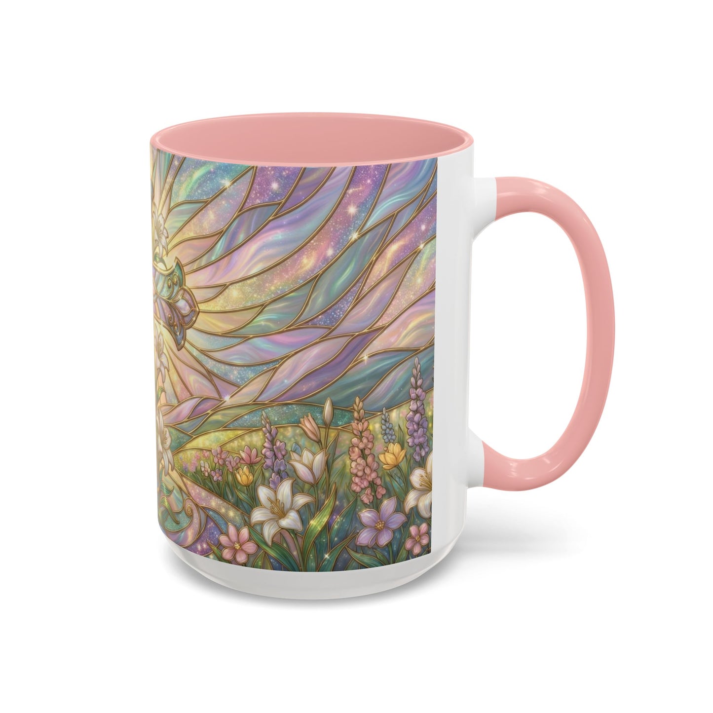 Stained Glass Cross Mug, Easter Lily Coffee Cup, Christian Religious Gift, Pastel Floral Faith Mug, Spring Believer Cup, Baptism Present