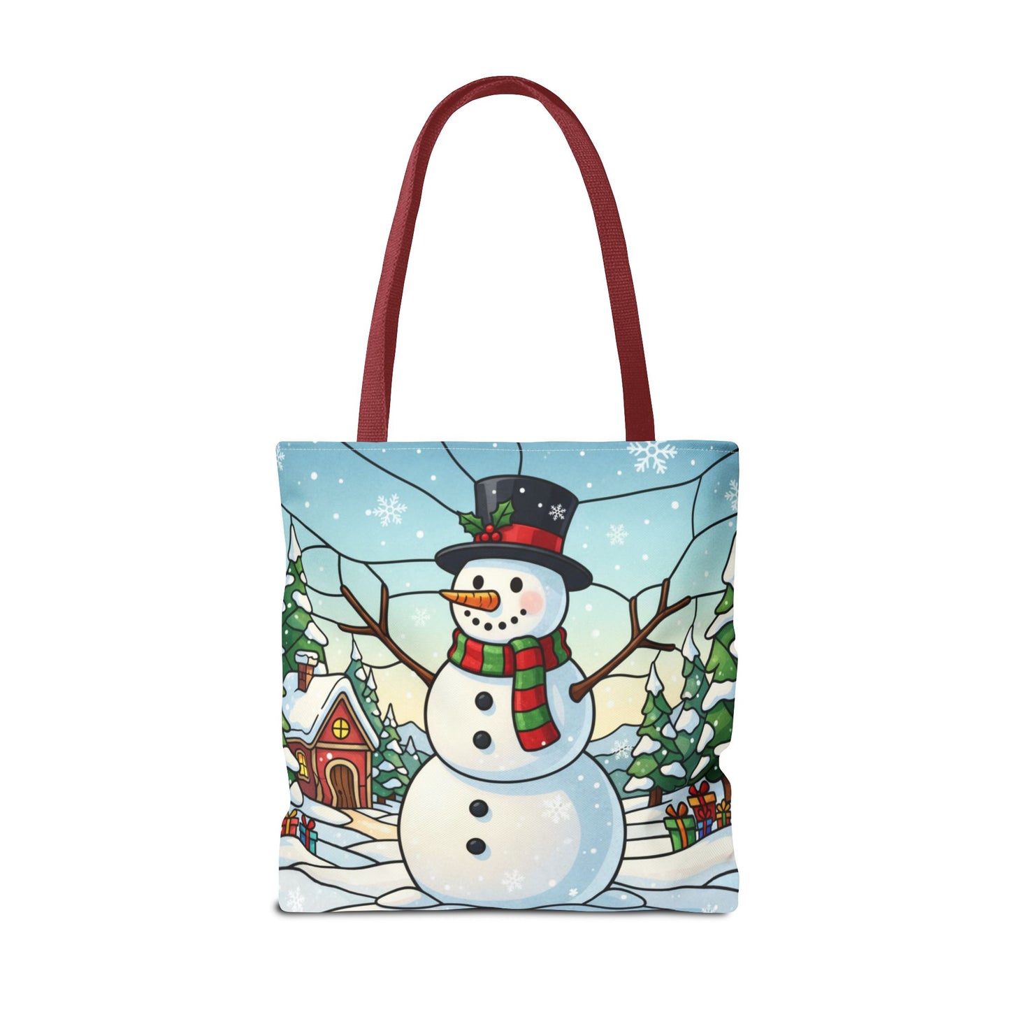 Stained Glass Snowman Christmas Tote Bag, Holiday Art Tote, Festive Winter Gift Bag, Colorful Christmas Scene Reusable Shopping Bag