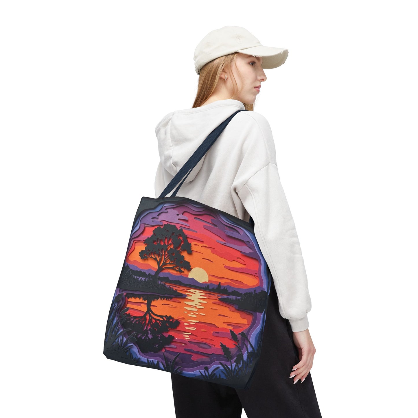 Sunset Landscape Canvas Tote Bag – Paper‑Art Inspired Nature Scene Tote – Colorful Sunset Market Tote, Eco Reusable Beach Bag, Vibrant Gift for Her