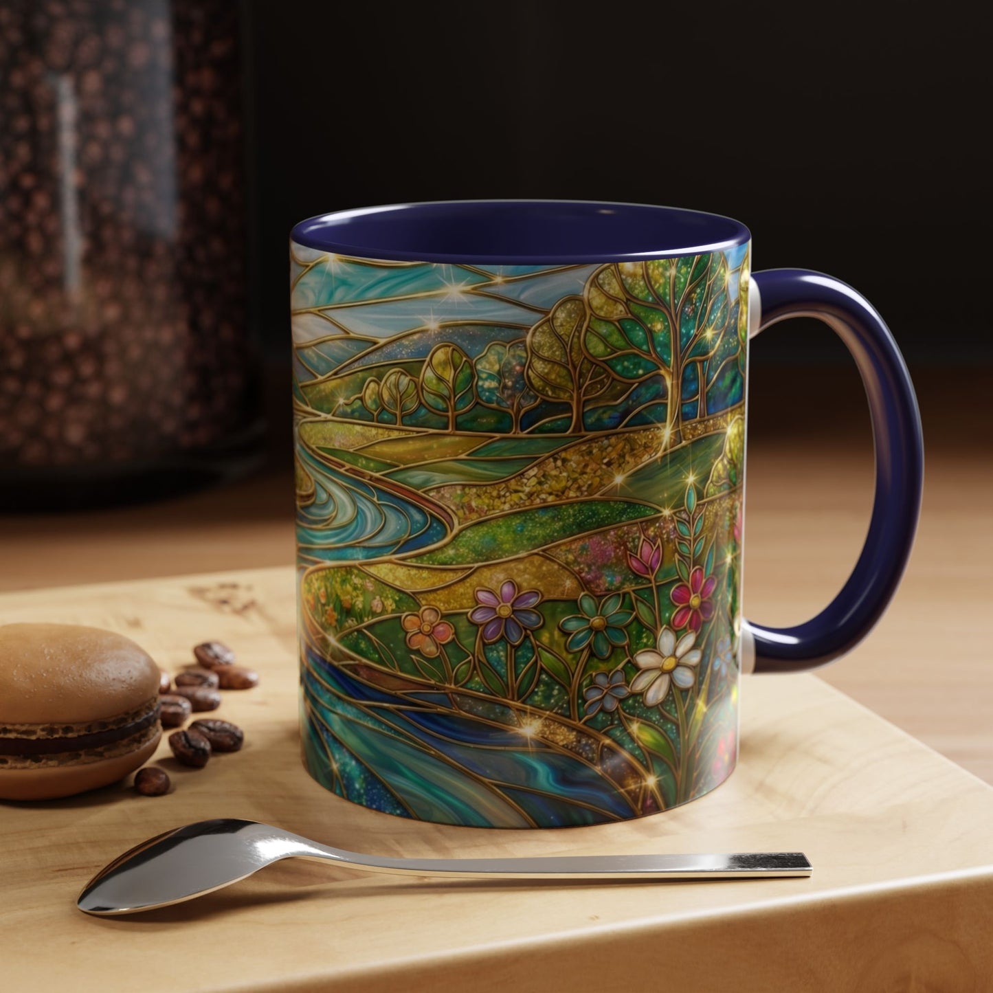 Stained Glass Mug, River Landscape Coffee Cup, Nature Lover Gift, Floral Tea Mug, Gardener Present, Art Teacher Gift, Colorful Scenery Cup