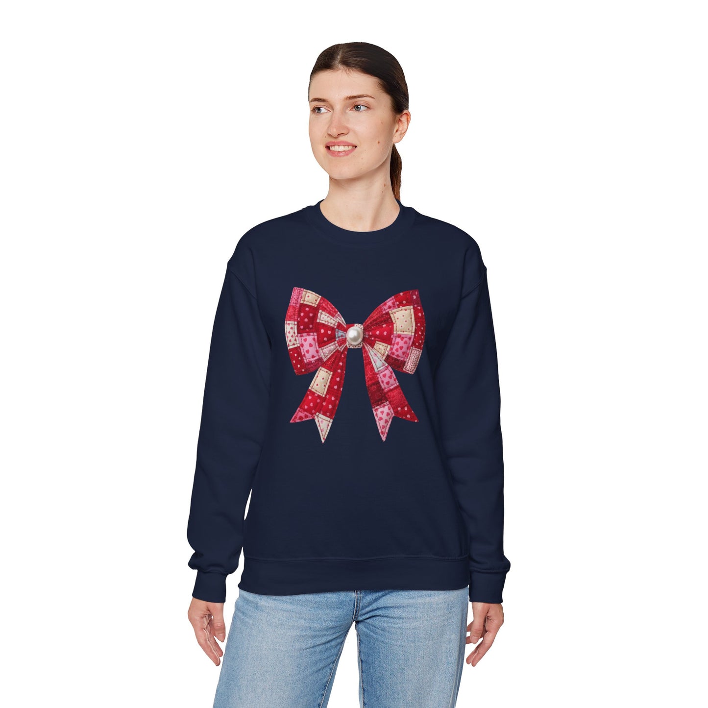 Faux Patchwork Bow Sweatshirt, Quilted Look Bow Crewneck, Pearl Center Bow Pullover, Cozy Coquette Sweatshirt, Girly Gift