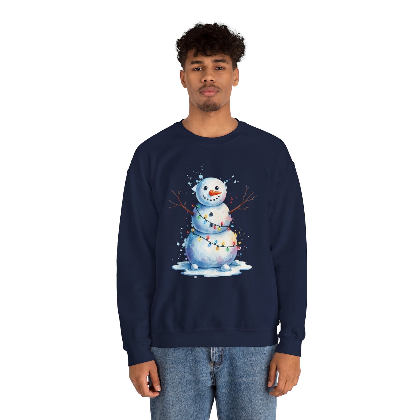 Watercolor Snowman Christmas Sweatshirt, Cute Snowman Crewneck for Winter, Holiday Lights Snowman Sweater, Cozy Unisex Christmas Gift
