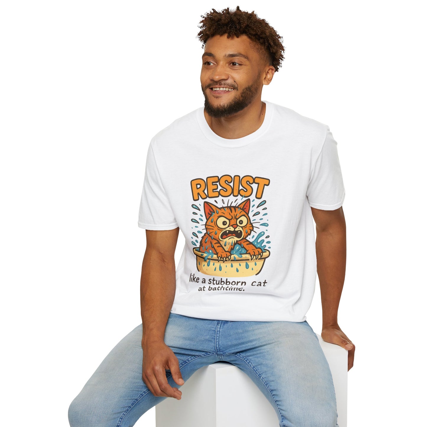 Resist Like A Stubborn Cat At Bathtime Funny Cat Lover Graphic Tee - Quirky Self Care Shirt - Gift For Pet Moms, Dads and Humor Fans