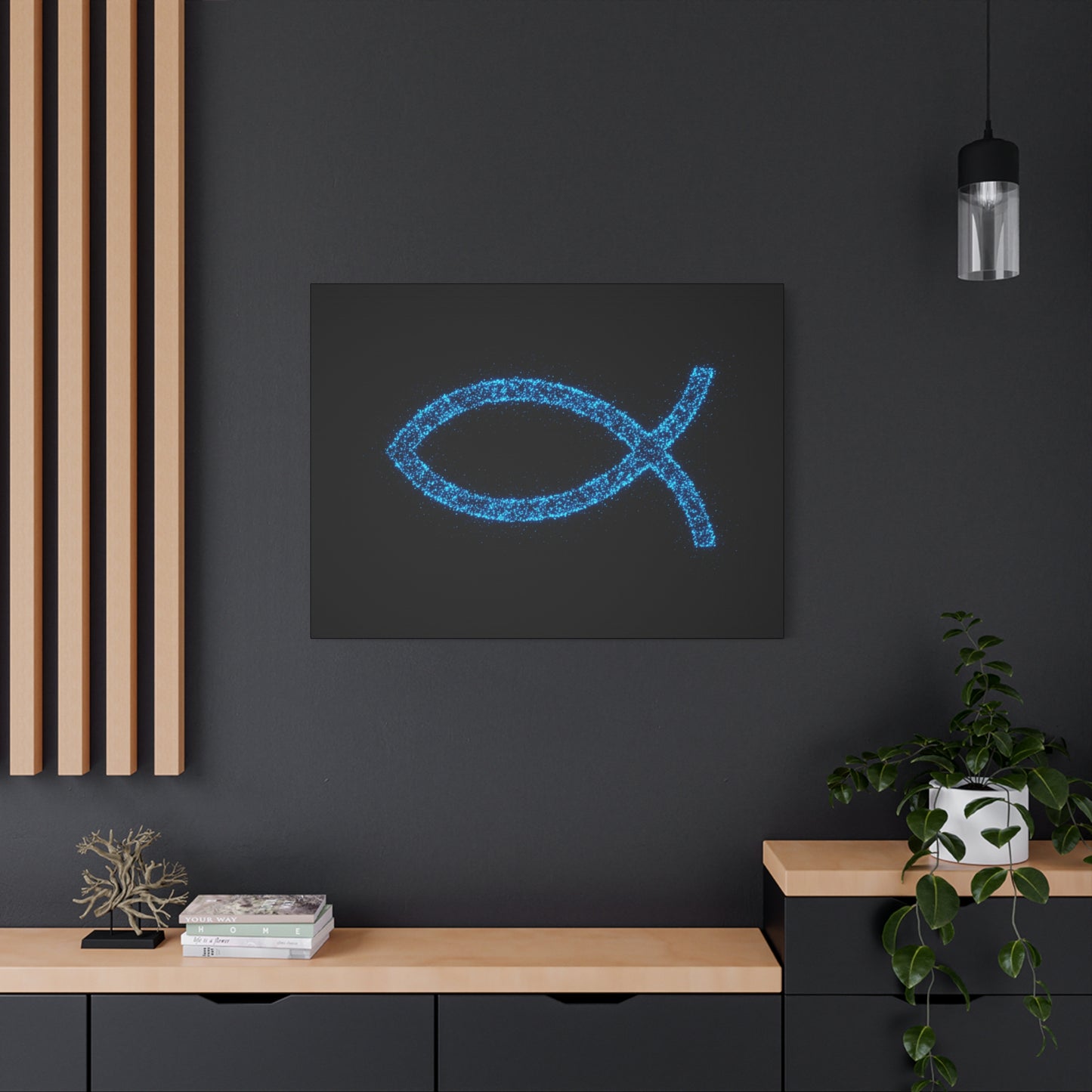 Blue Glitter Fish Symbol Matte Canvas Wall Art