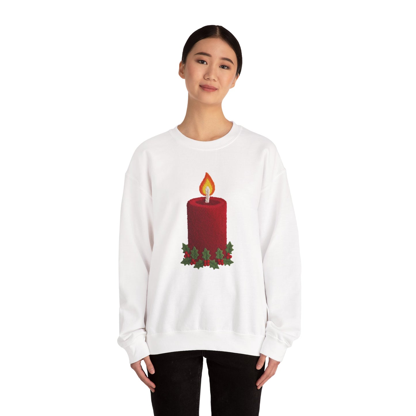 Faux Patchwork Crochet Candle Sweatshirt, Christmas Candle Sweater, Holiday Cozy Winter Crewneck, Cute Xmas Candle Sweatshirt, Unisex Holiday Top