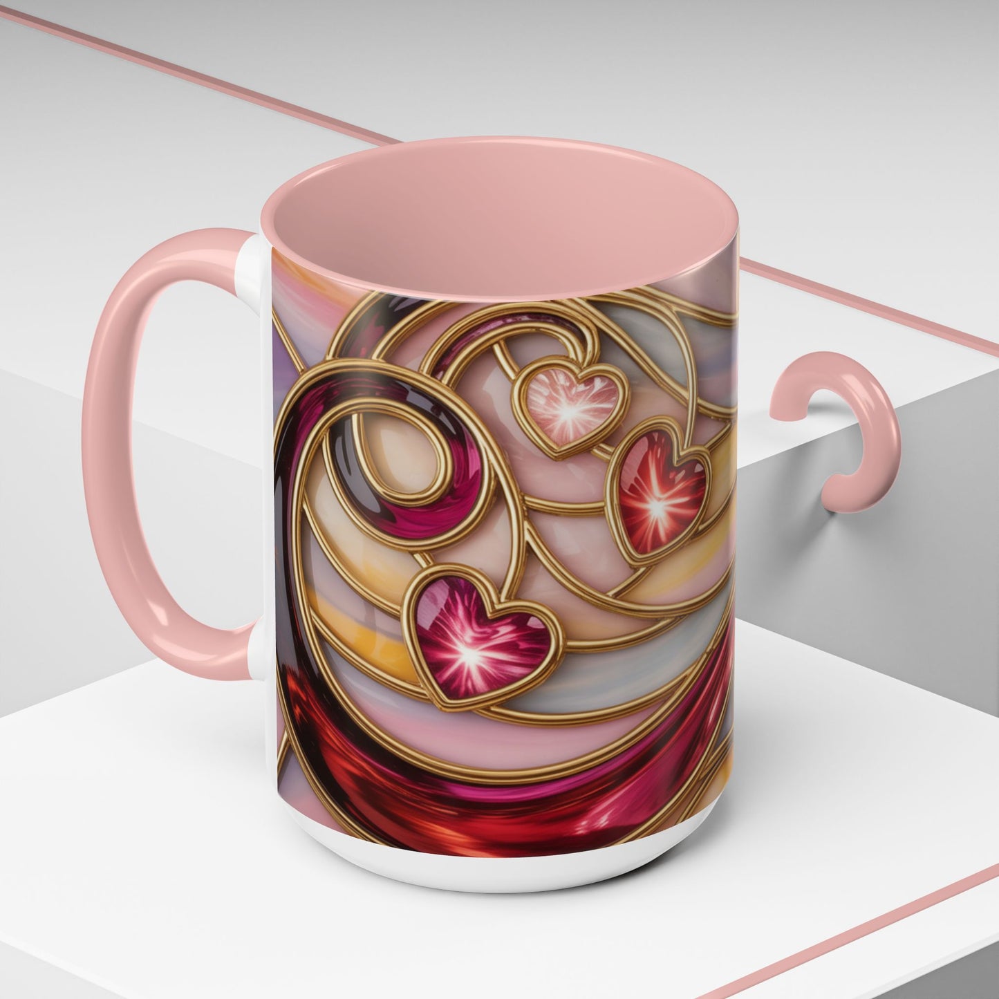 Stained Glass Heart Mug, Romantic Love Coffee Cup, Pink Red Gold Glass Style Mug, Valentine Gift For Her, Anniversary Wedding Decor