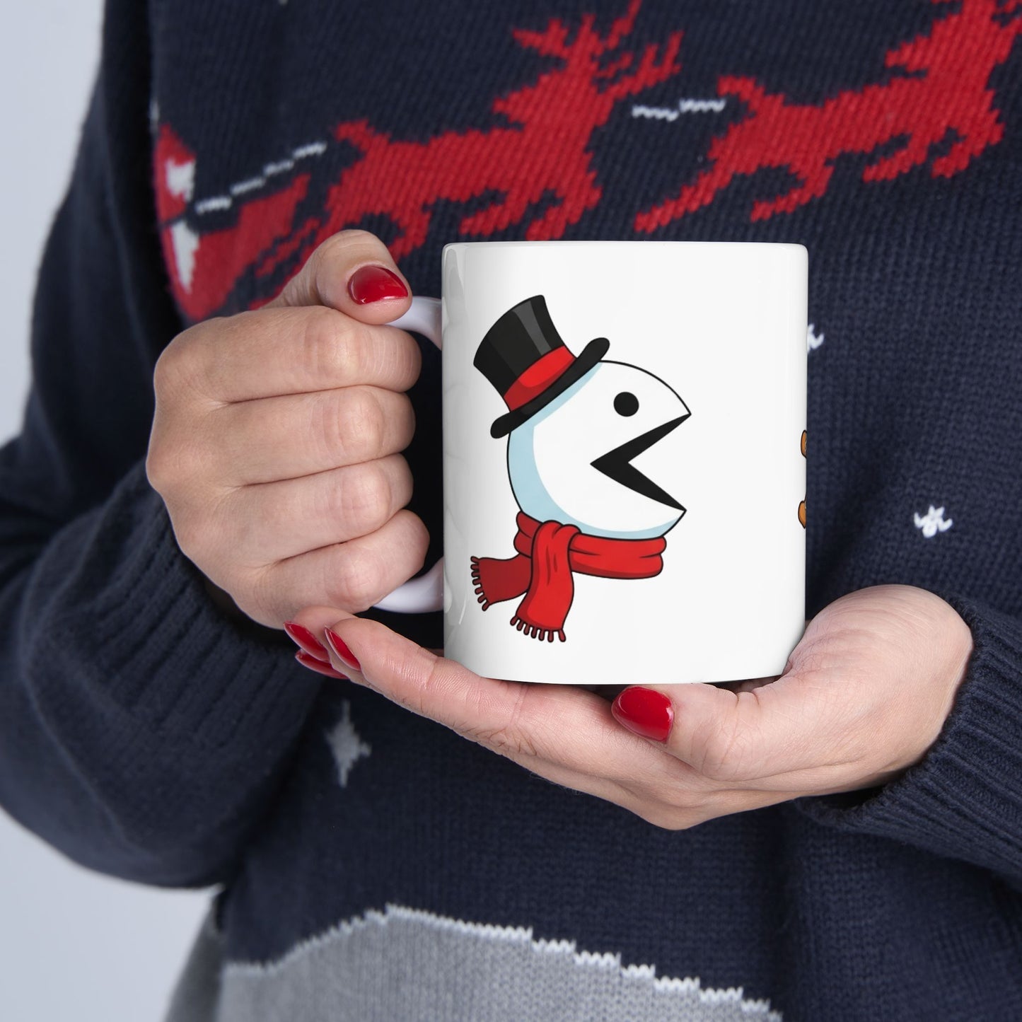 Funny Christmas Mug, Snowman and Gingerbread Mug, Holiday Coffee Cup Gift, Cute Winter Hot Cocoa Mug, Playful Festive Arcade Design