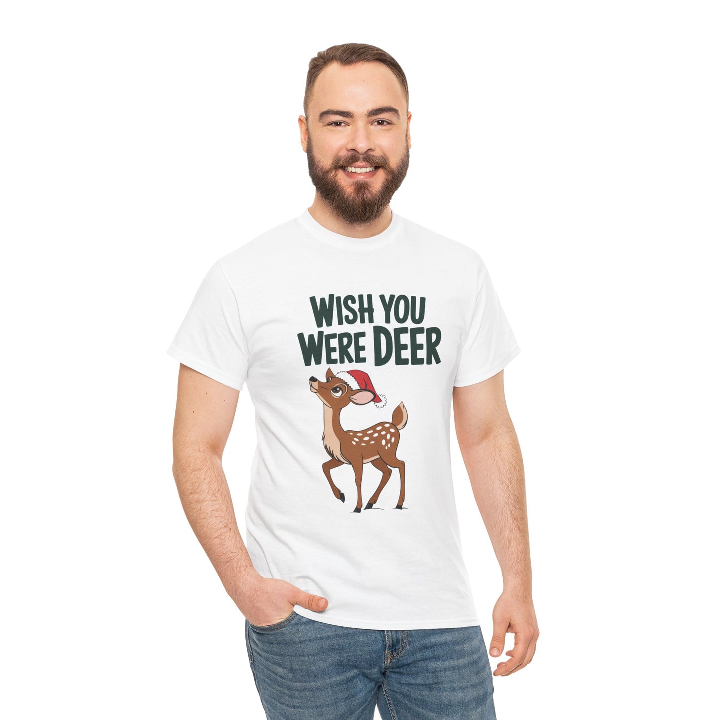 Wish You Were Deer Funny Christmas T-Shirt, Cute Reindeer Holiday Tee, Pun Christmas Shirt, Festive Santa Hat Deer Graphic Tee Gift