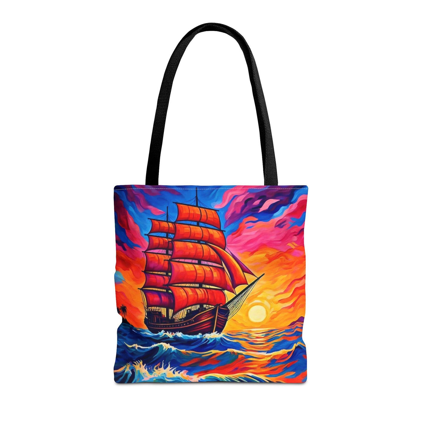 Crimson Voyage Tote Bag, Red Sailboat At Sunset Artistic Ocean Design, Nautical Reusable Tote For Beach, Travel, And Everyday Use