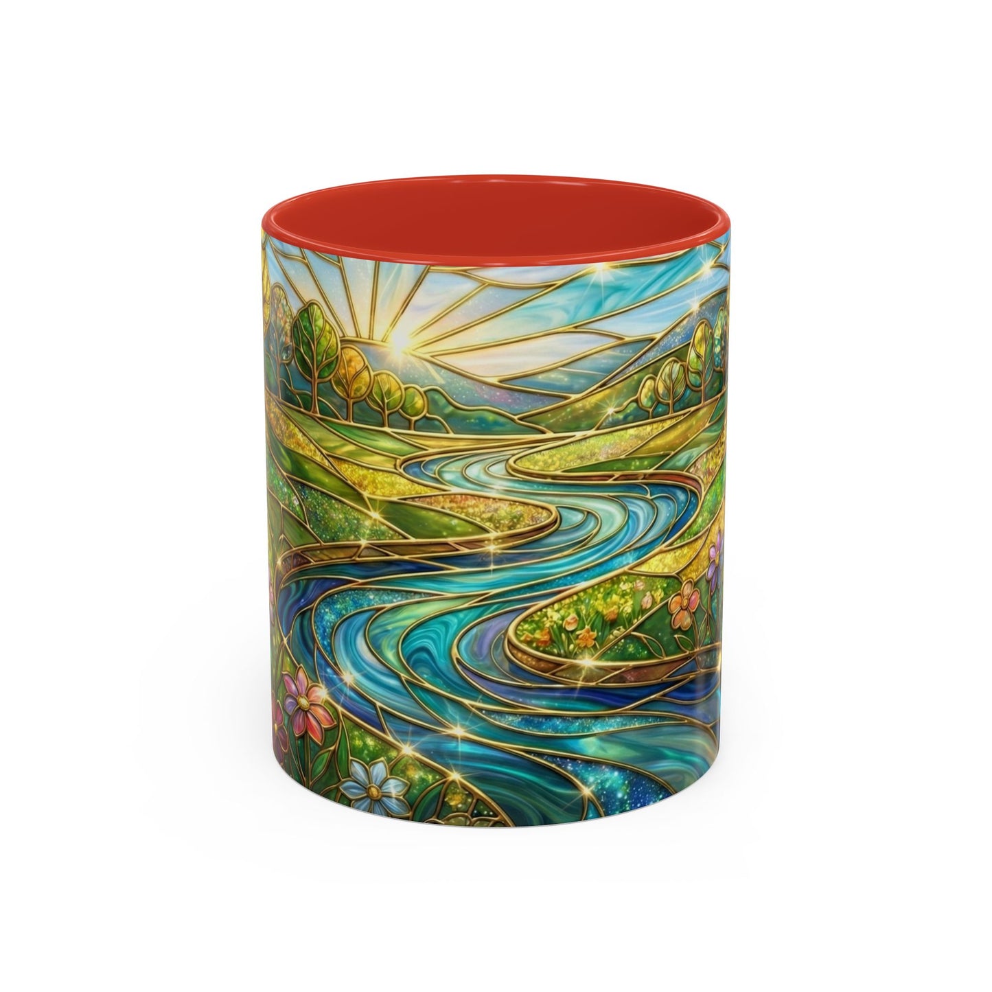 Stained Glass Mug, River Landscape Coffee Cup, Nature Lover Gift, Floral Tea Mug, Gardener Present, Art Teacher Gift, Colorful Scenery Cup