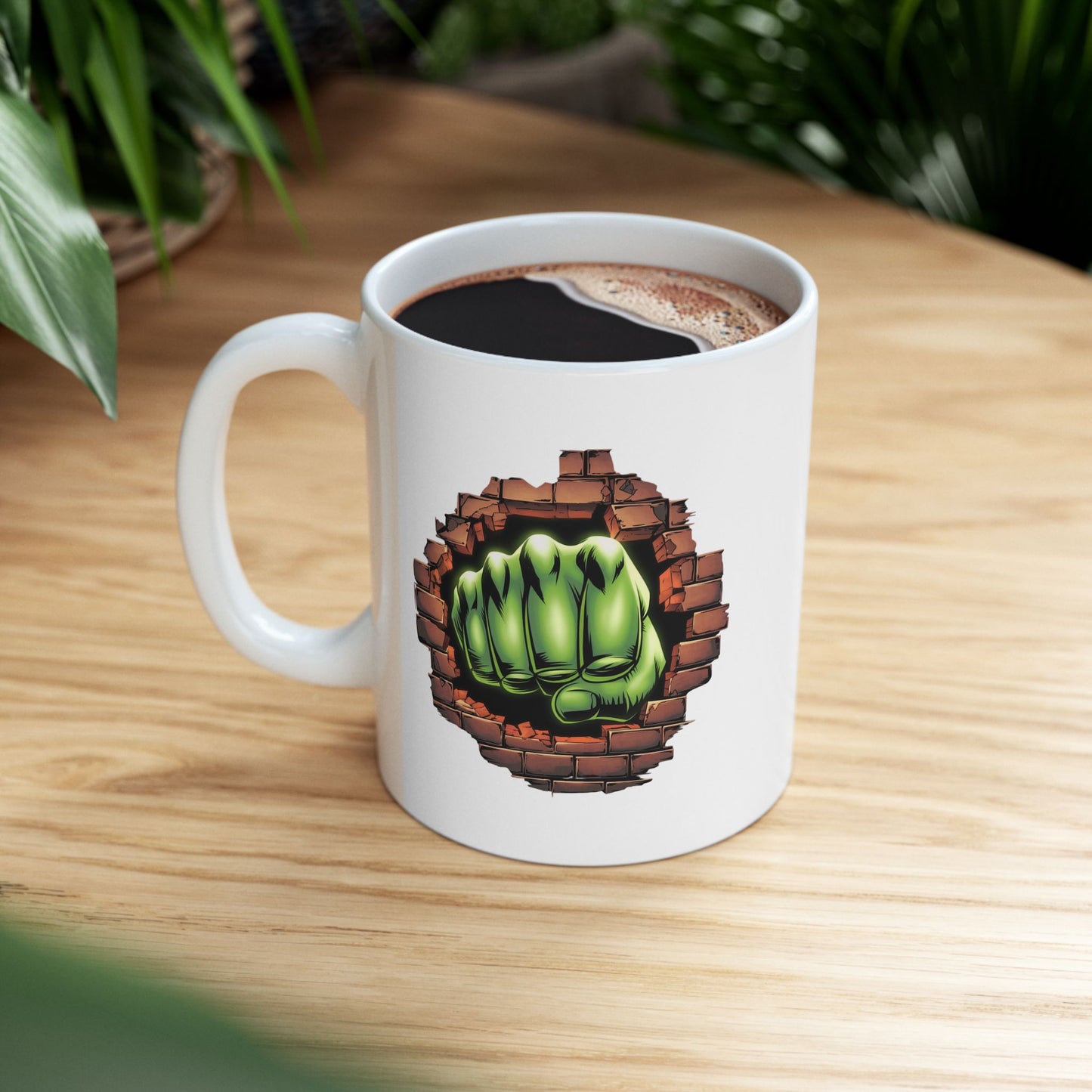 Smash Fist Mug – Green Fist Punching Through Wall Coffee Cup, Superhero Inspired Design, Dishwasher Safe, Funny Gift for Fans & Coffee Lovers
