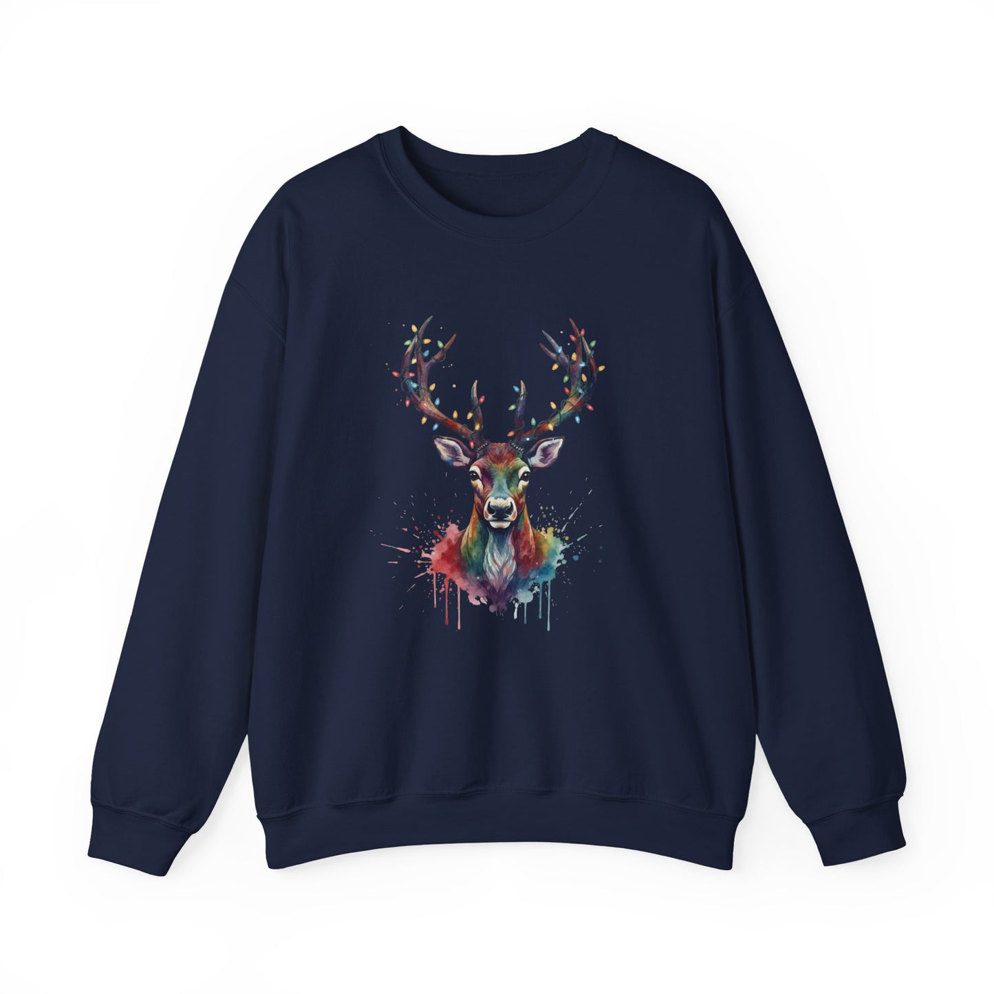 Colorful Reindeer Christmas Sweatshirt, Holiday Deer Lights Sweater, Watercolor Winter Crewneck, Festive Cozy Gift For Him Or Her