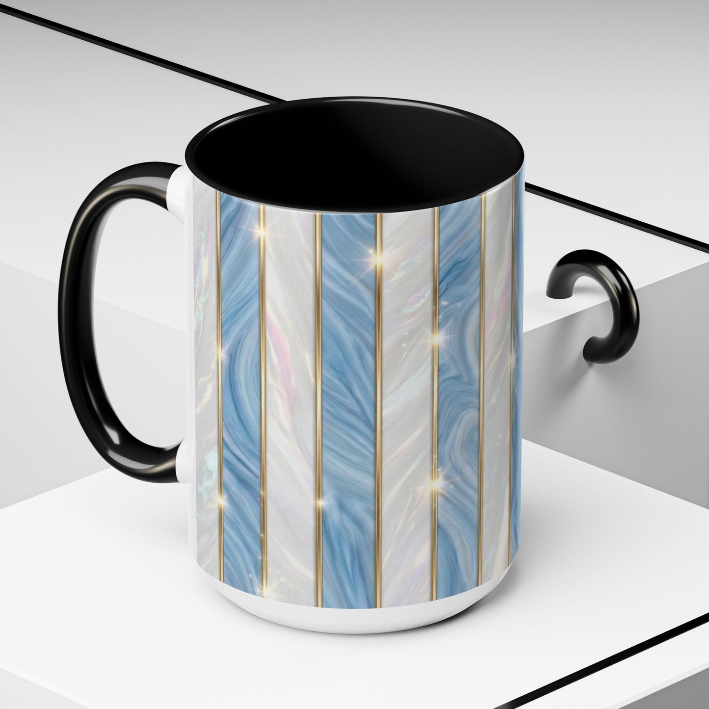 Faux Stained Glass Mug, Blue Pearlescent Coffee Cup, Art Deco Stained Glass Decor, Elegant Gold Stripe Teacup, Unique Art Gift For Her
