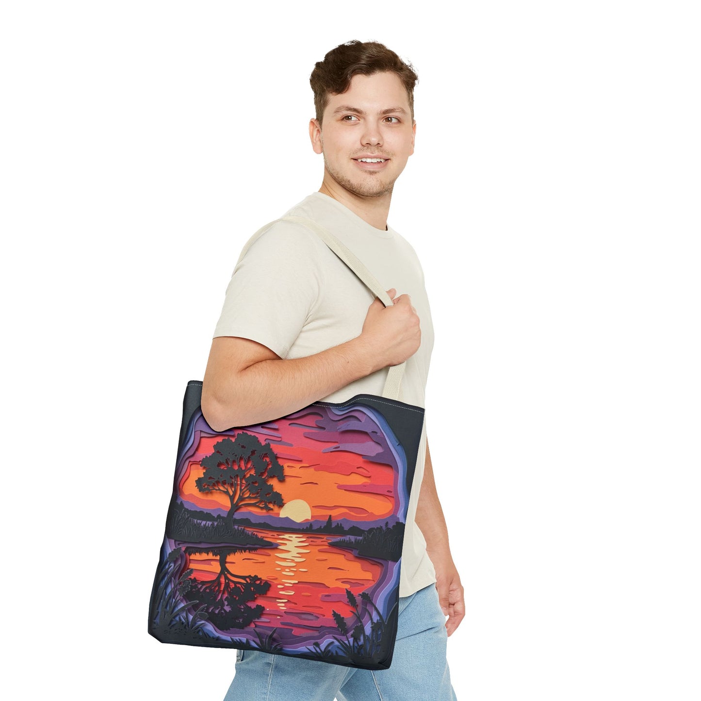 Sunset Landscape Canvas Tote Bag – Paper‑Art Inspired Nature Scene Tote – Colorful Sunset Market Tote, Eco Reusable Beach Bag, Vibrant Gift for Her