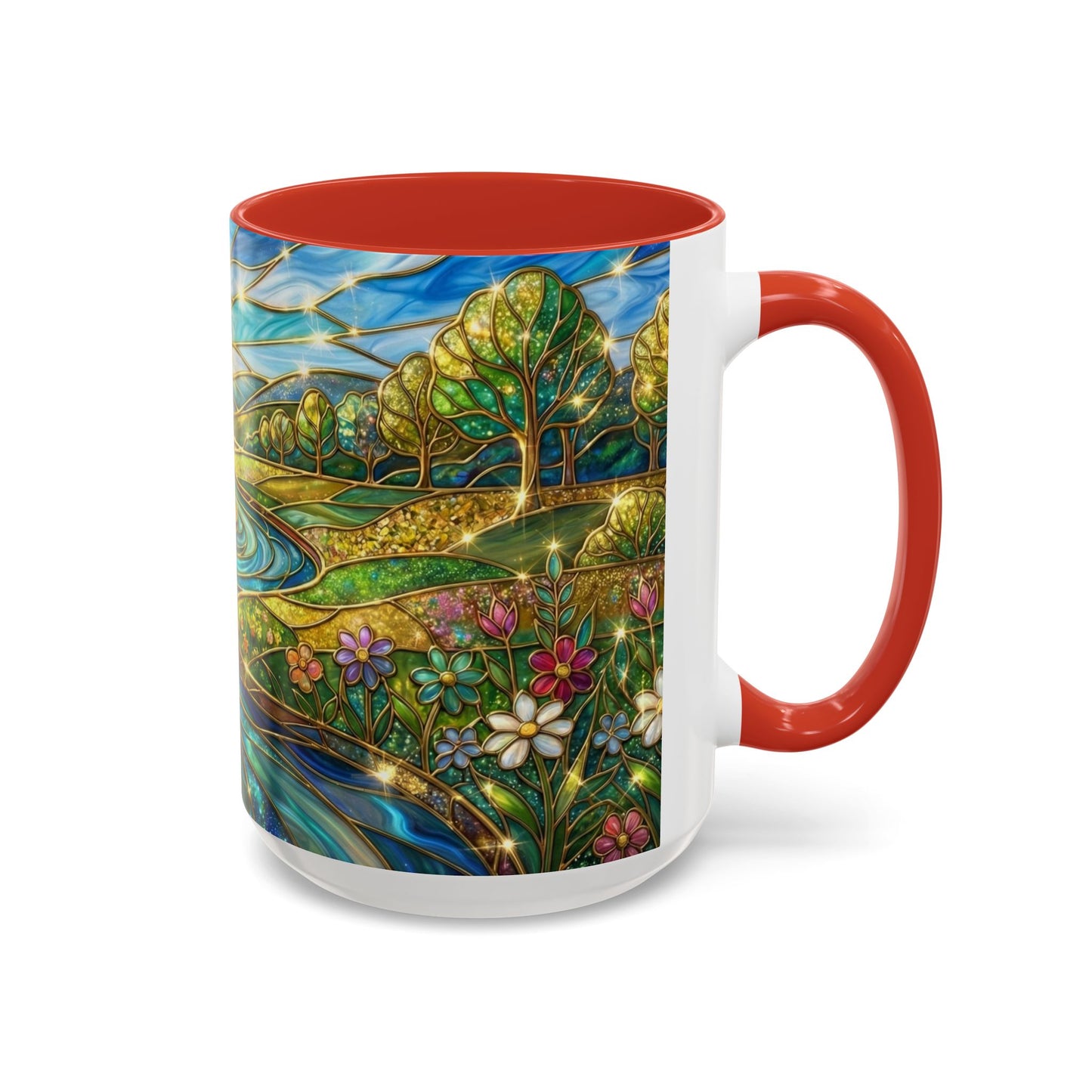 Stained Glass Mug, River Landscape Coffee Cup, Nature Lover Gift, Floral Tea Mug, Gardener Present, Art Teacher Gift, Colorful Scenery Cup