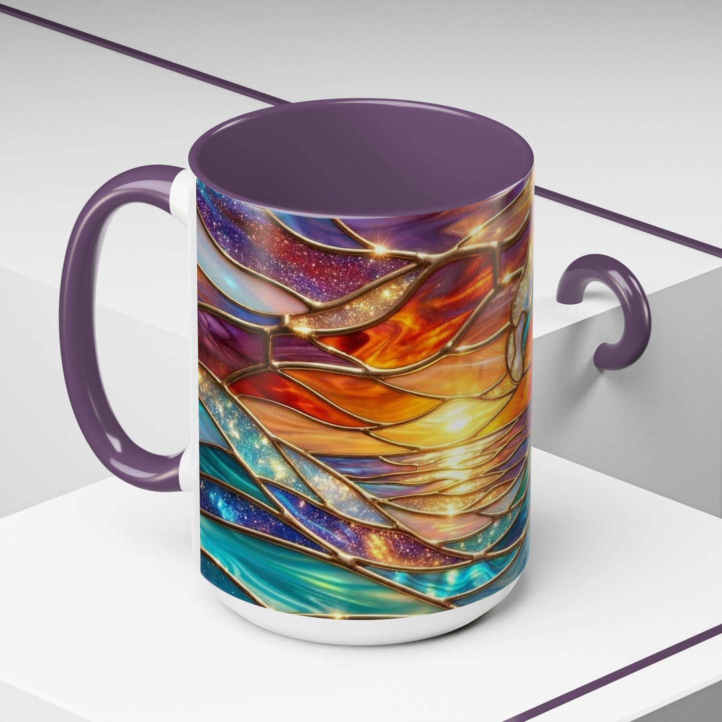Stained Glass Wave Mug, Cosmic Ocean Coffee Cup, Celestial Sunrise Tea Mug, Surfer Beach Decor Gift, Starry Sea Art, Ocean Lover Cup