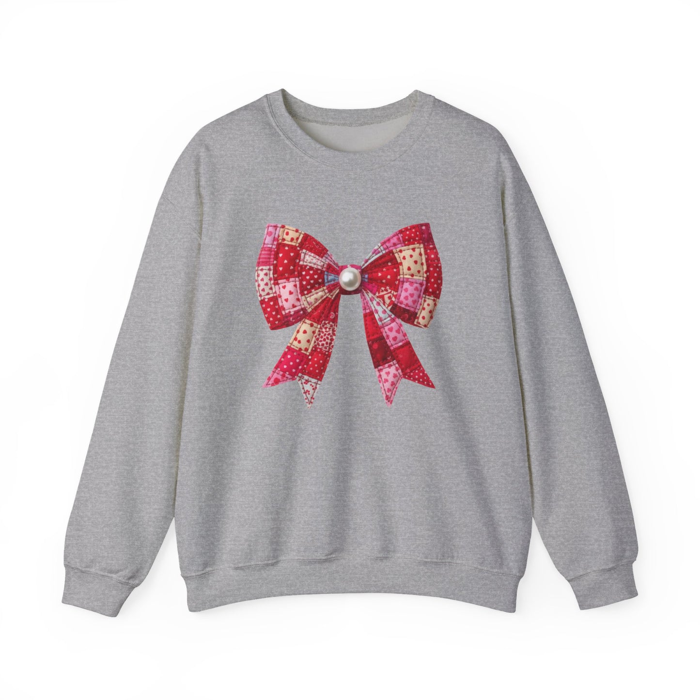 Faux Patchwork Bow Sweatshirt, Quilted Look Bow Crewneck, Pearl Bow Pullover, Cozy Coquette Sweatshirt, Girly Valentine Gift